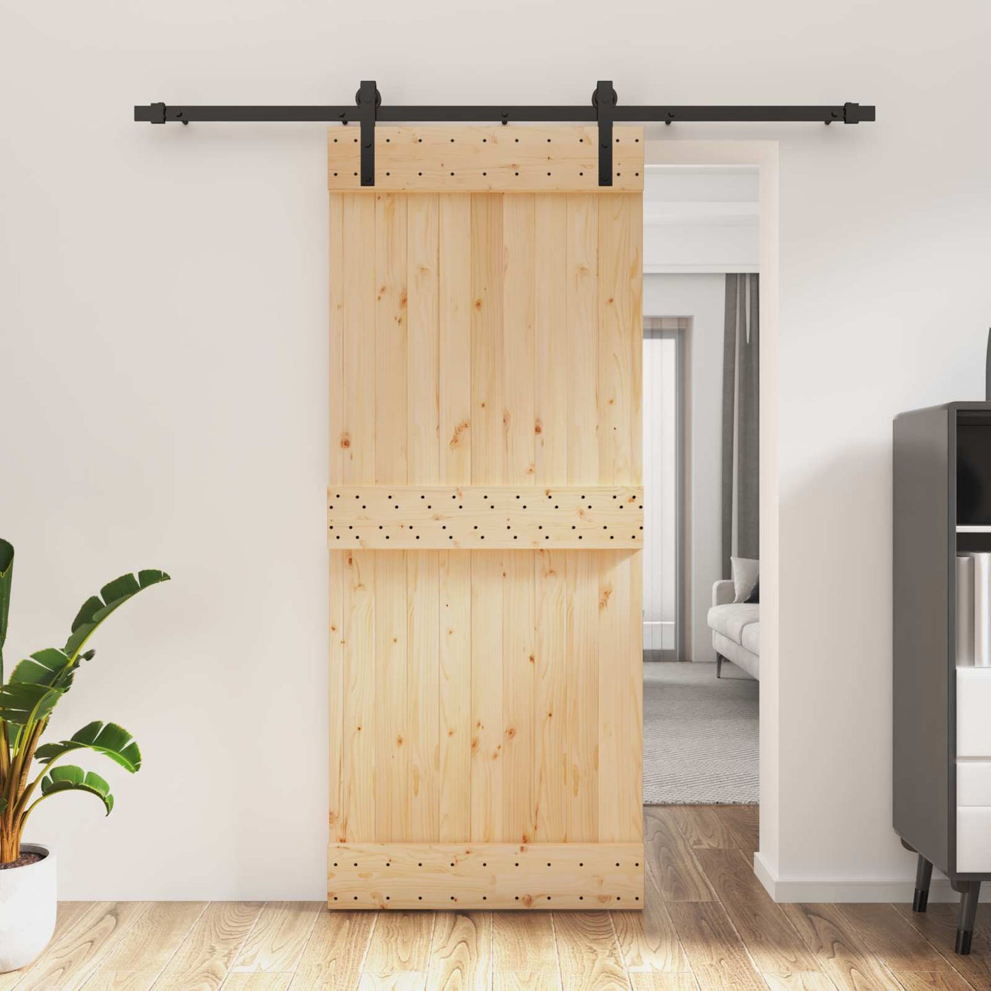 Csúszó ajtó Természetes és Fekete 85 x 210 cm Szilárd Fenyőfa