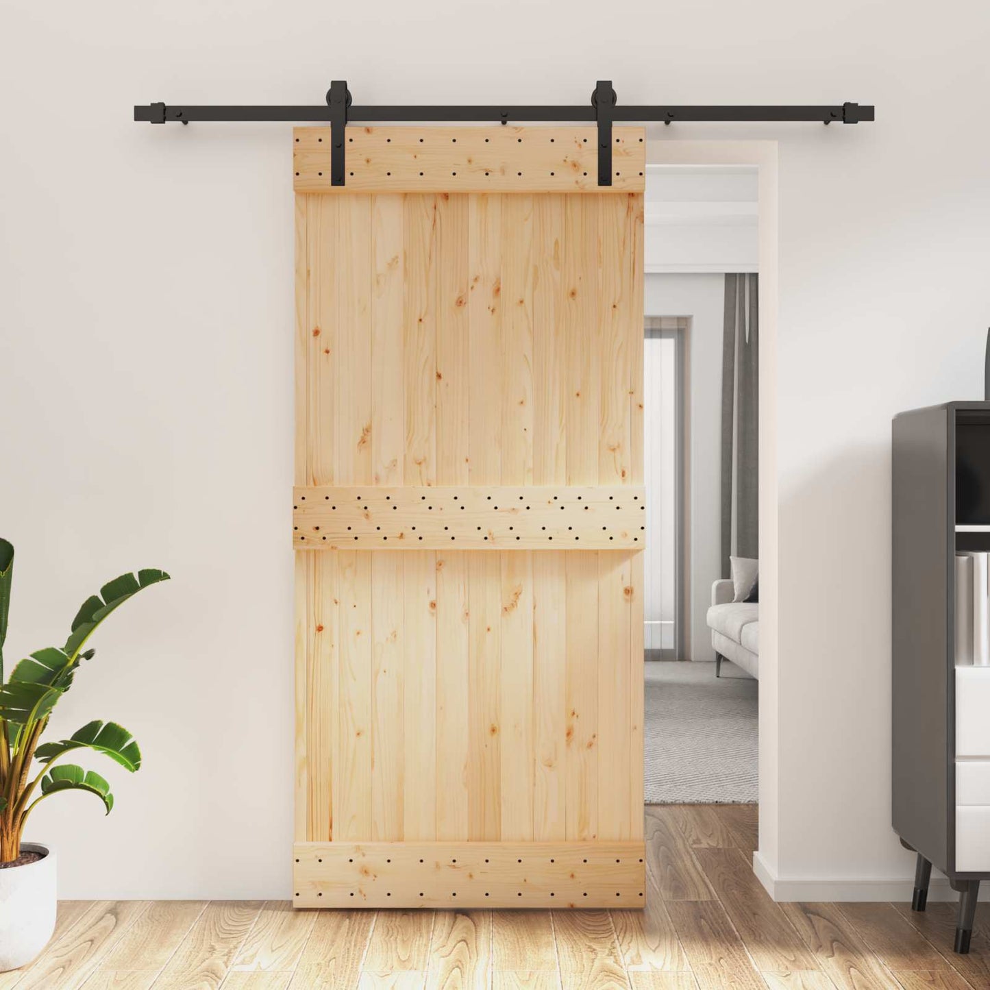 Csúszó ajtó Természetes és Fekete 95 x 210 cm Szilárd Fenyőfa