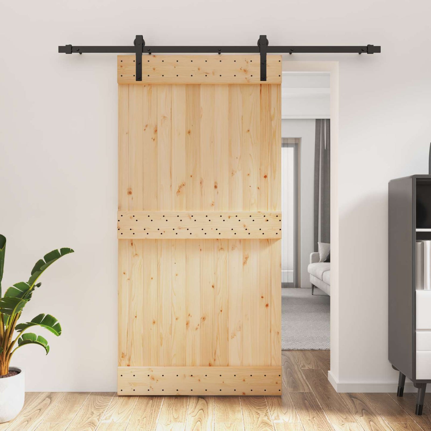 Csúszó ajtó Természetes és Fekete 100 x 210 cm Szilárd Fenyőfa