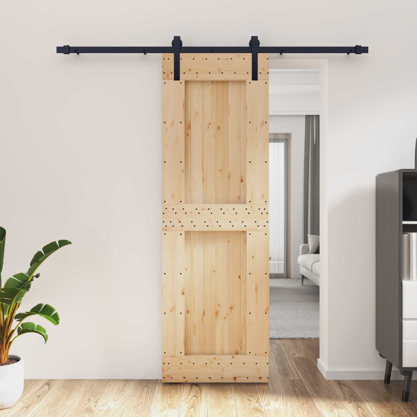 Csúszó ajtó Természetes és Fekete 70 x 210 cm Szilárd Fenyőfa