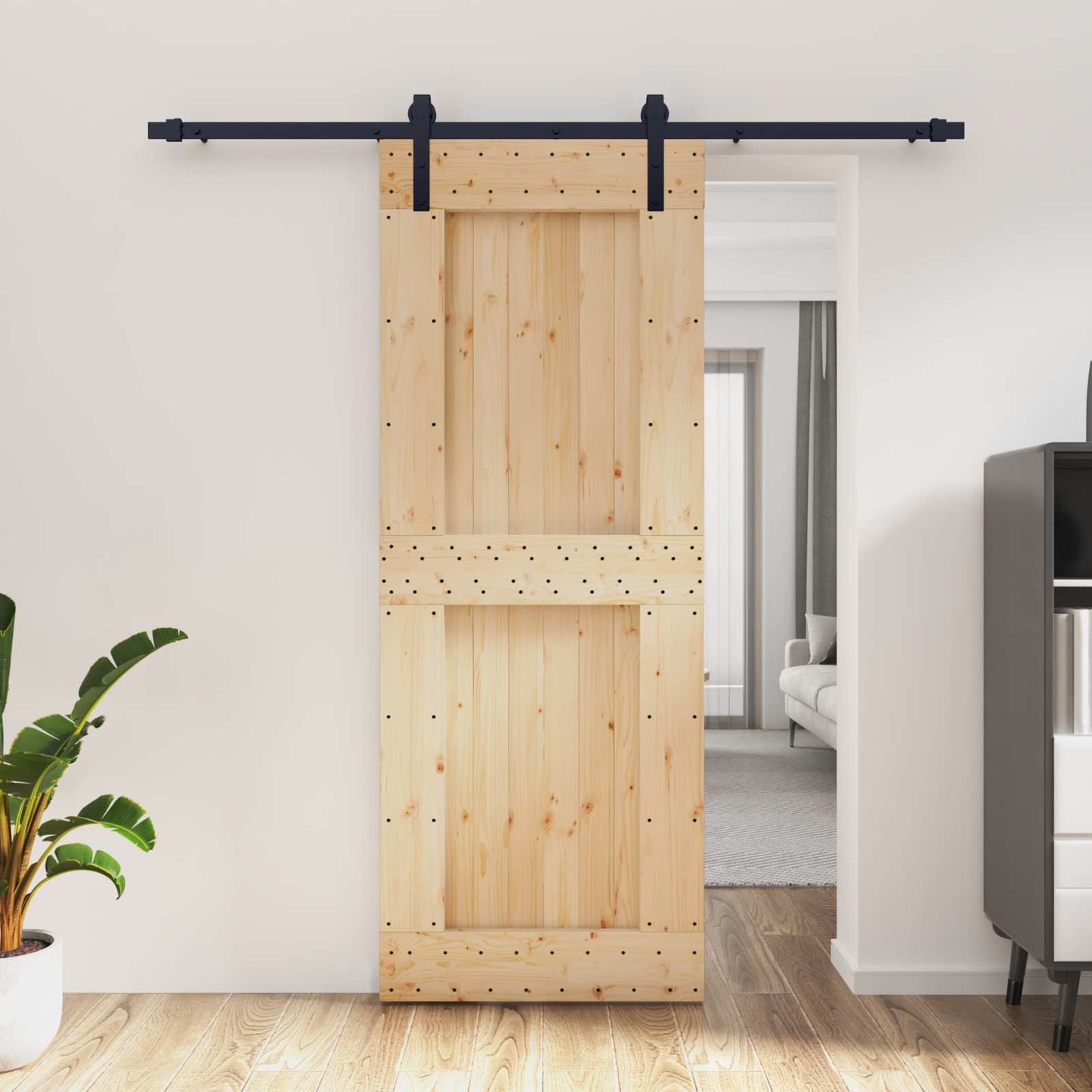 Csúszó ajtó Természetes és Fekete 80 x 210 cm Szilárd Fenyőfa
