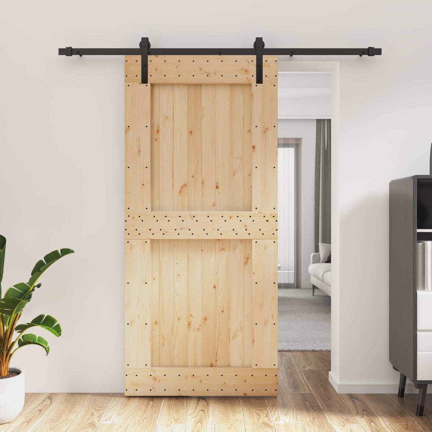 Csúszó ajtó Természetes és Fekete 95 x 210 cm Szilárd Fenyőfa