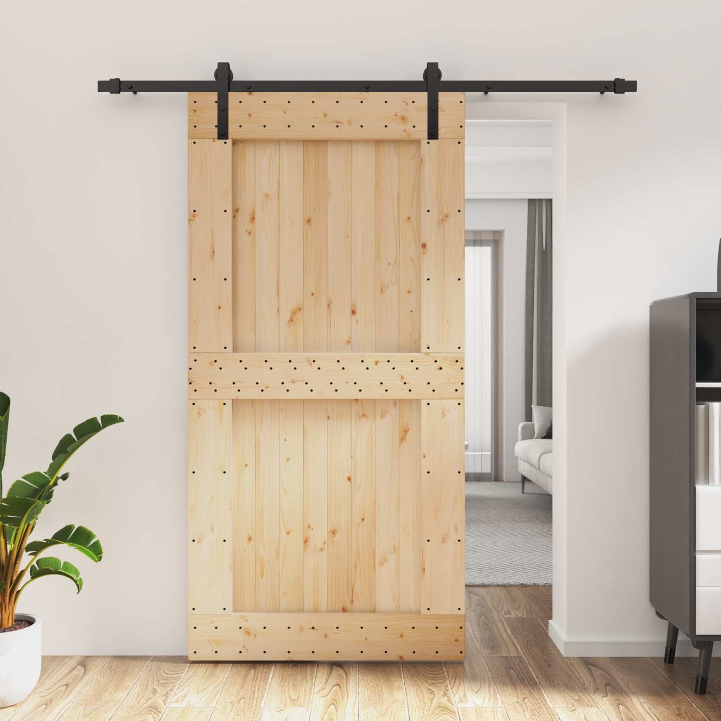 Csúszó ajtó Természetes és Fekete 100 x 210 cm Szilárd Fenyőfa