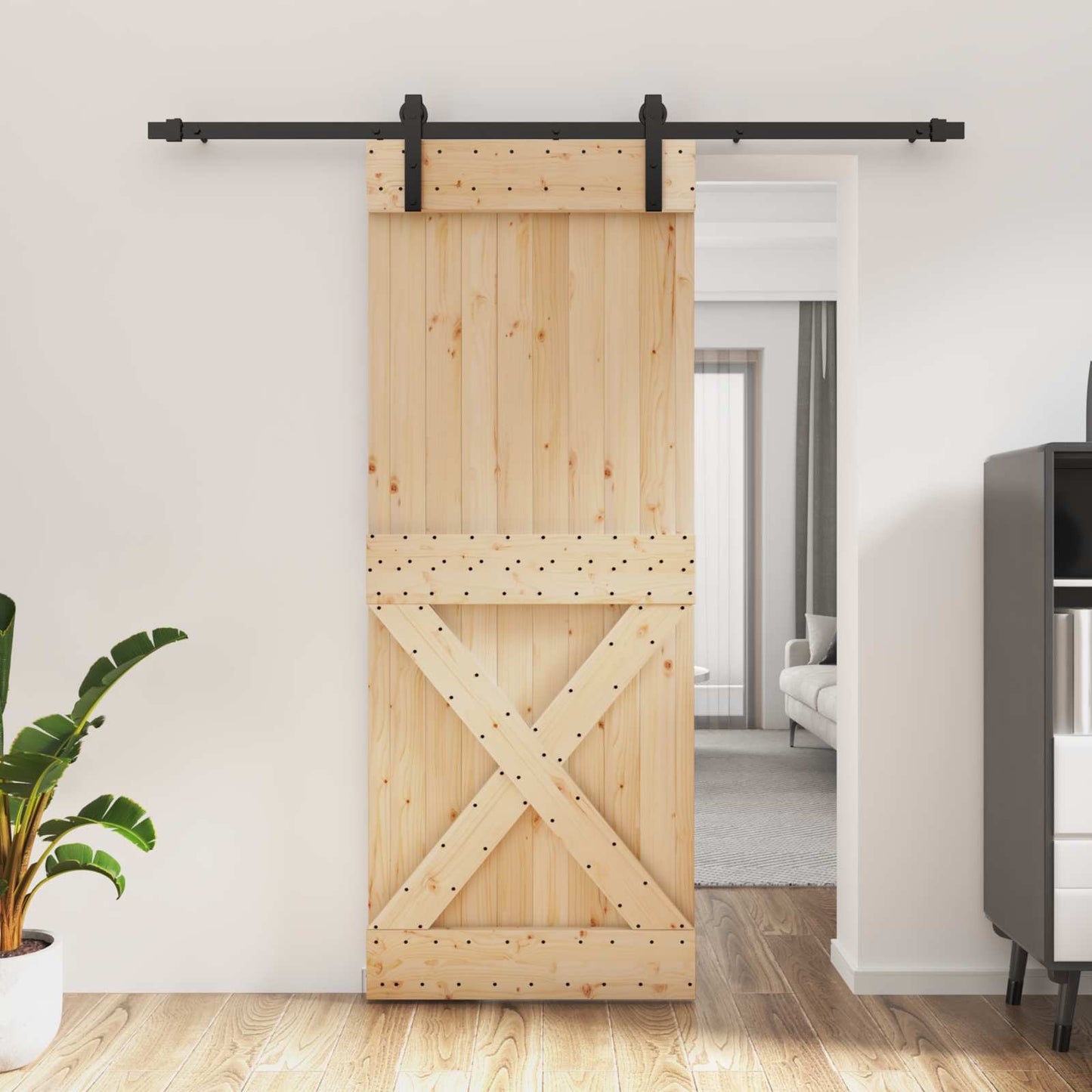 Csúszó ajtó Természetes és Fekete 80 x 210 cm Szilárd Fenyőfa