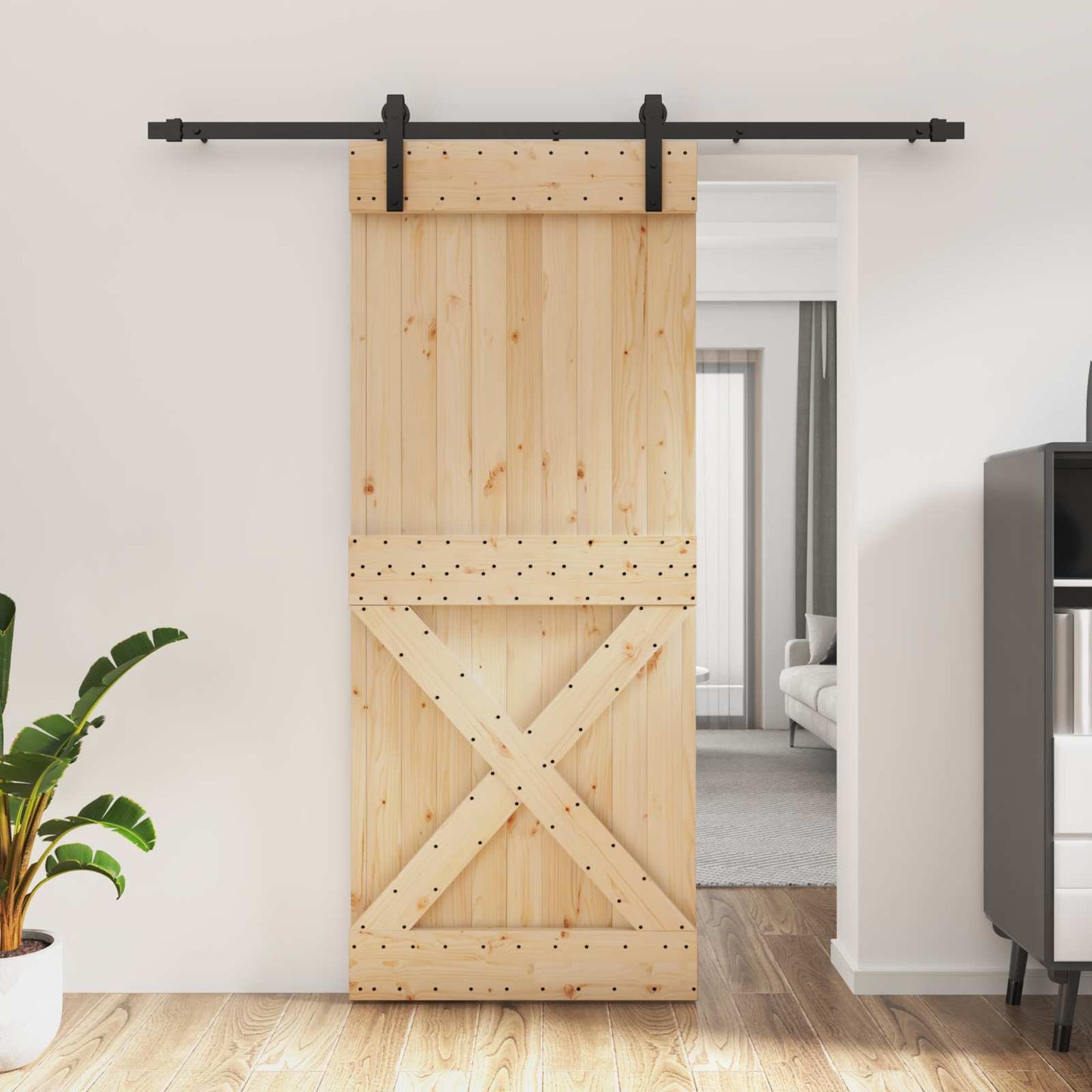 Csúszó ajtó Természetes és Fekete 85 x 210 cm Szilárd Fenyőfa