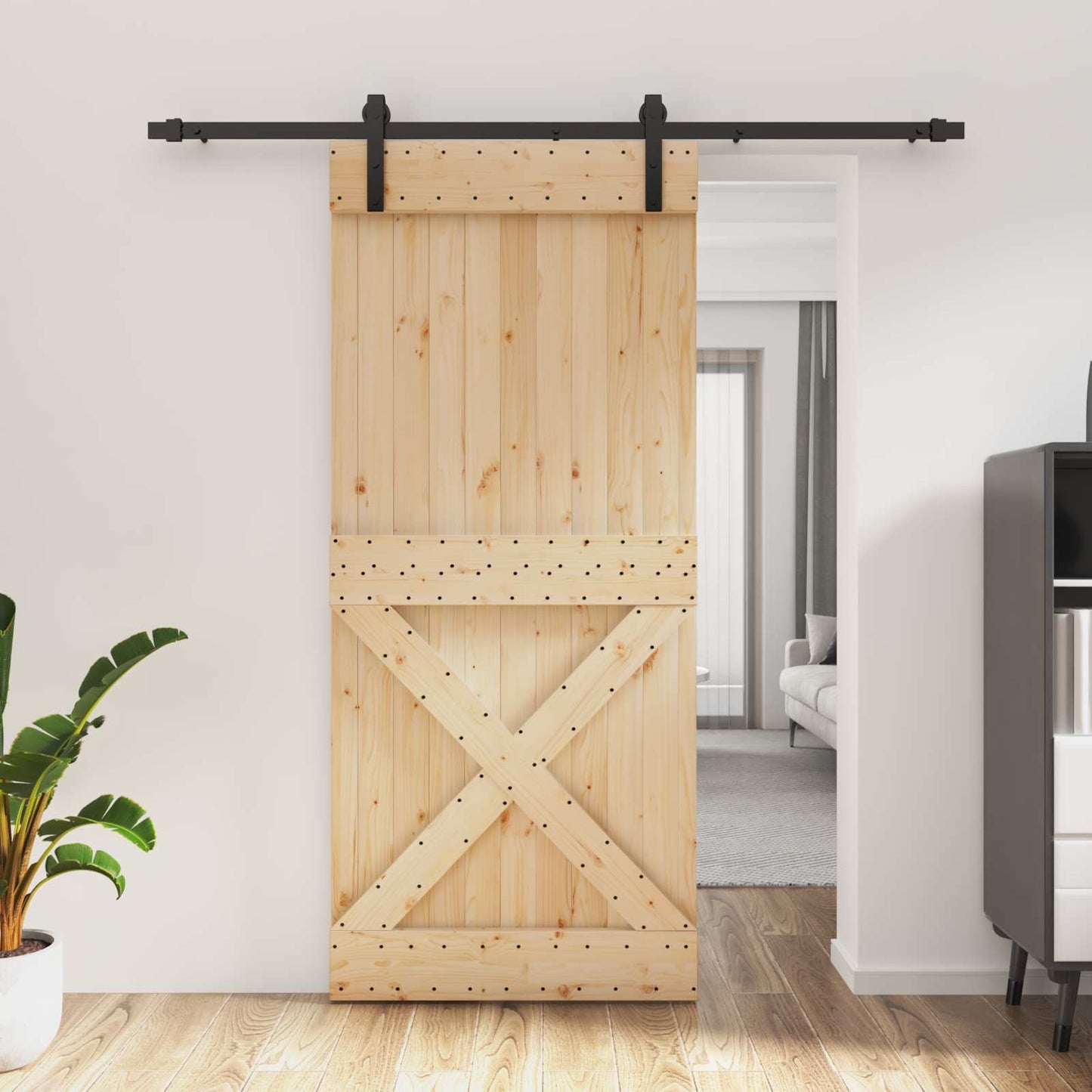Csúszó ajtó Természetes és Fekete 90 x 210 cm Szilárd Fenyőfa
