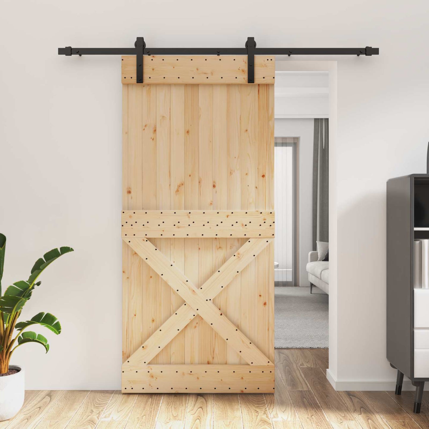 Csúszó ajtó Természetes és Fekete 95 x 210 cm Szilárd Fenyőfa