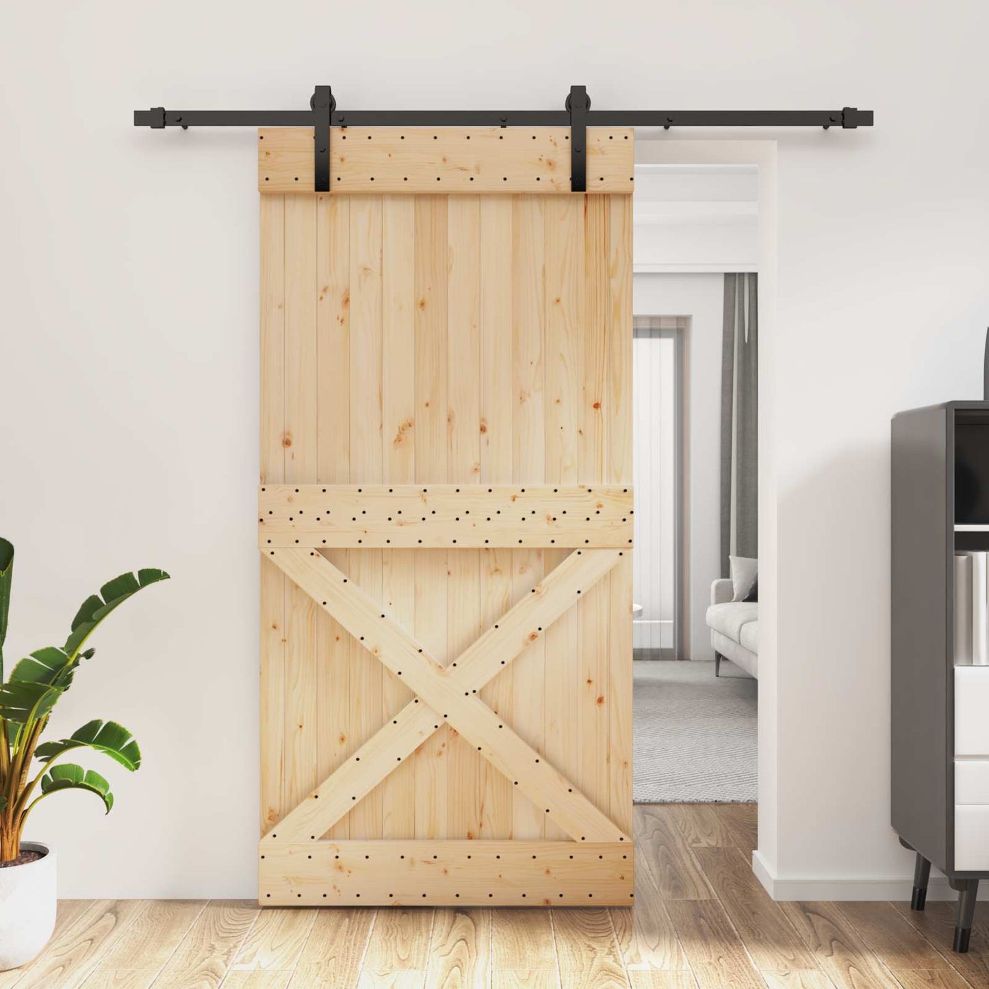 Csúszó ajtó Természetes és Fekete 100 x 210 cm Szilárd Fenyőfa