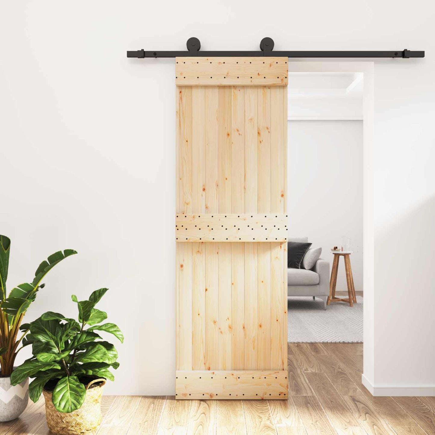 Csúszó ajtó Természetes és Fekete 70 x 210 cm Szilárd Fenyőfa