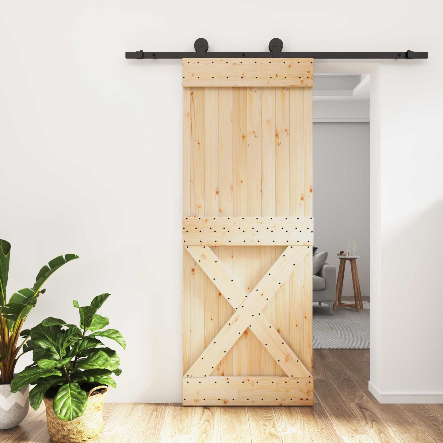 Csúszó ajtó Természetes és Fekete 80 x 210 cm Szilárd Fenyőfa