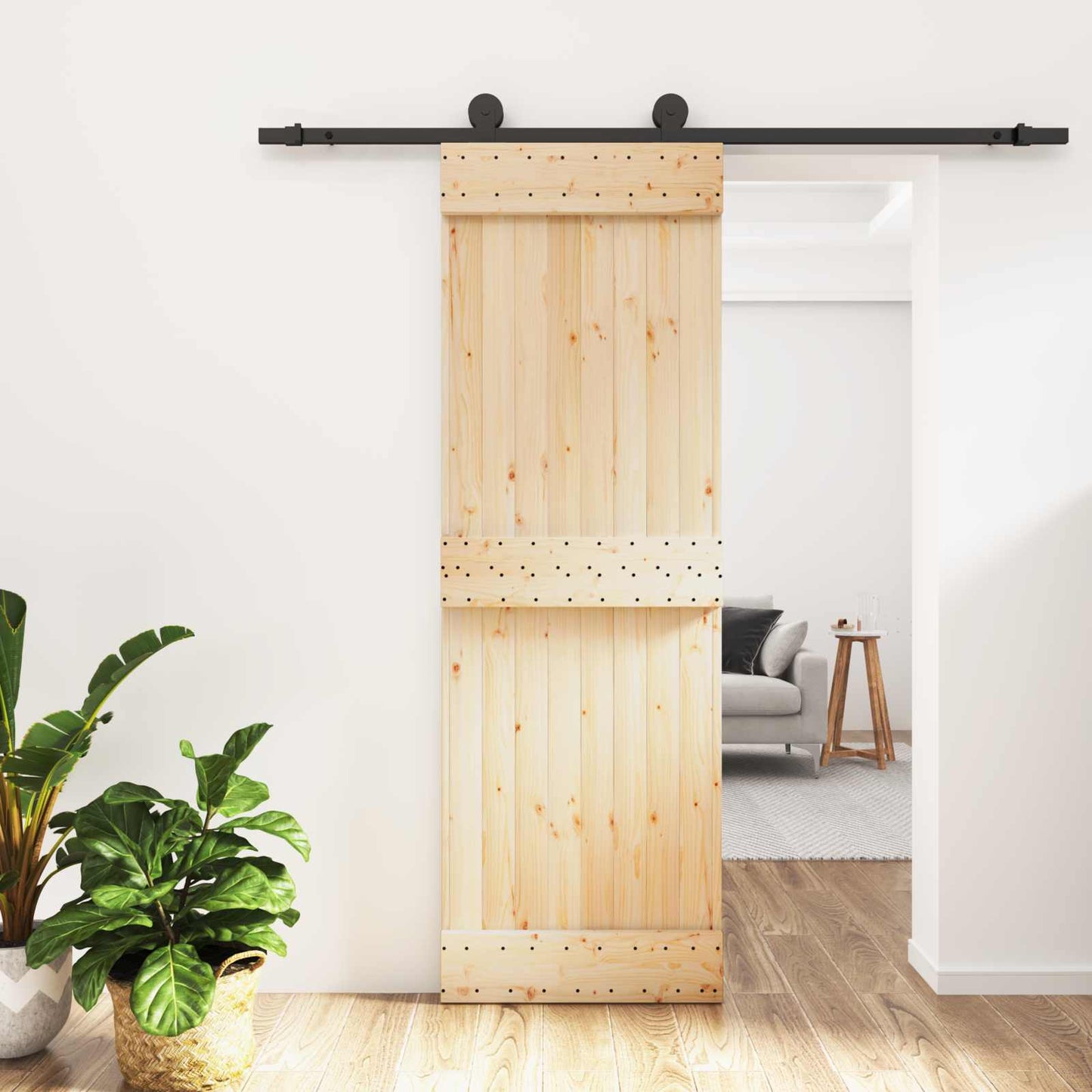 Csúszó ajtó Természetes és Fekete 70 x 210 cm Szilárd Fenyőfa