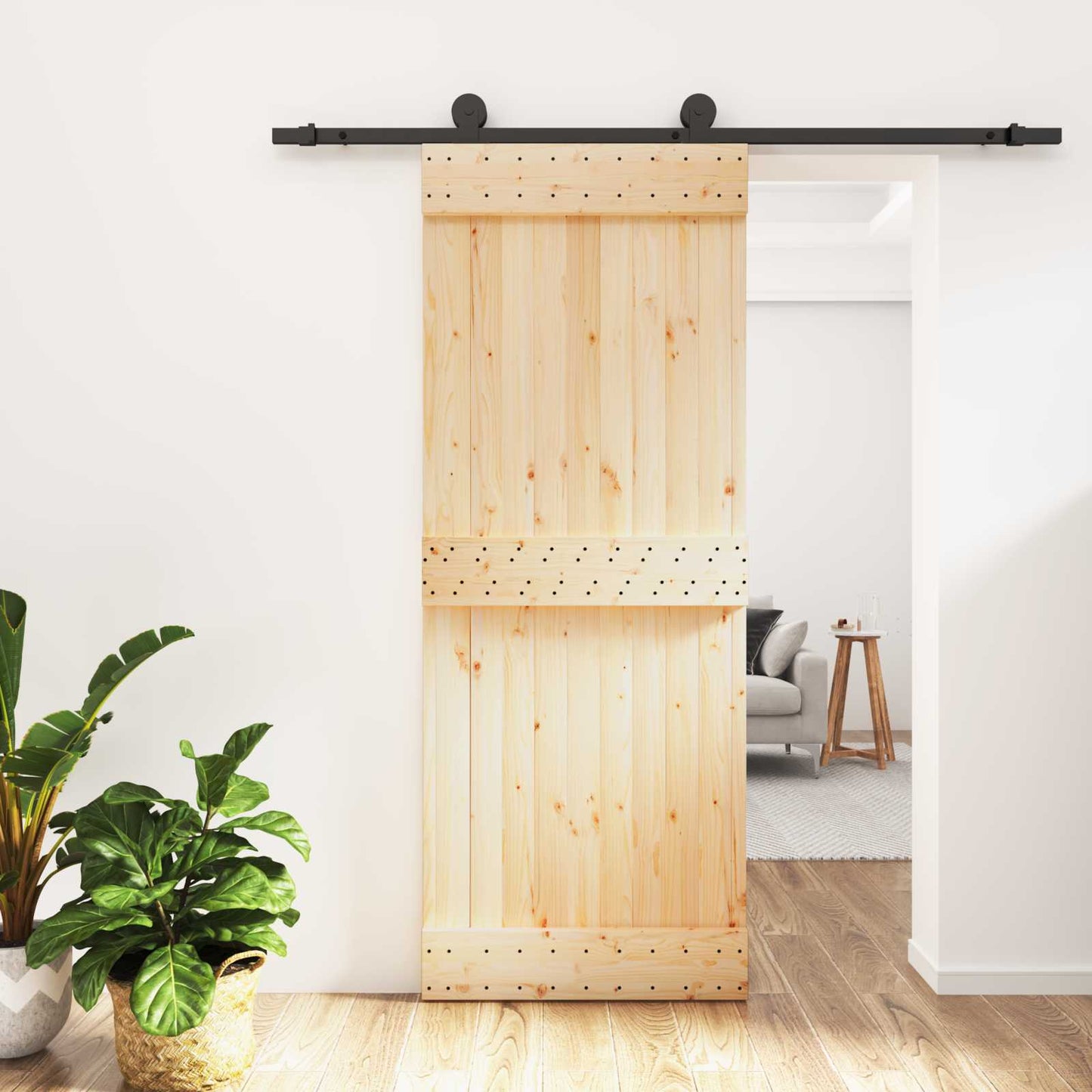 Csúszó ajtó Természetes és Fekete 80 x 210 cm Szilárd Fenyőfa