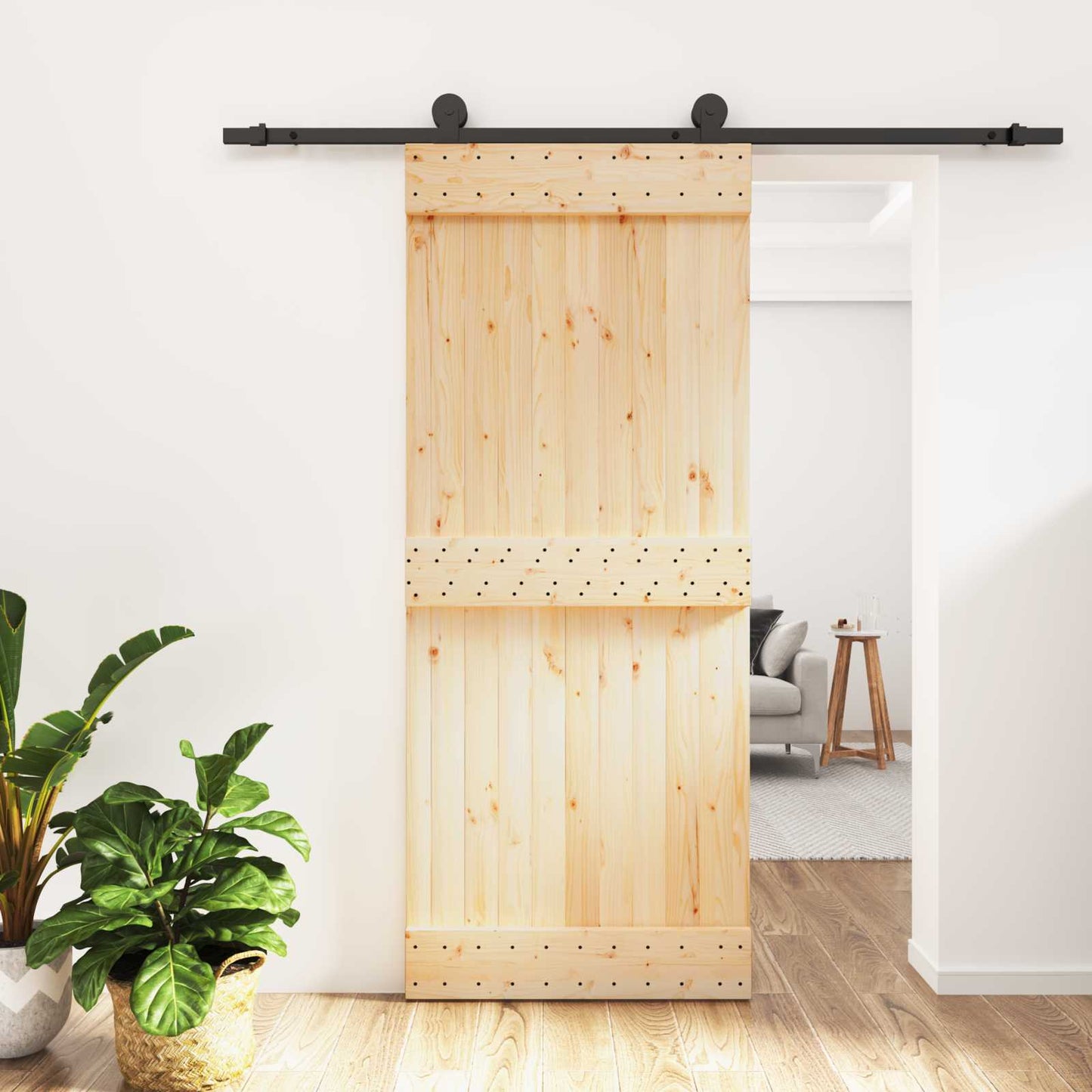 Csúszó ajtó Természetes és Fekete 85 x 210 cm Szilárd Fenyőfa