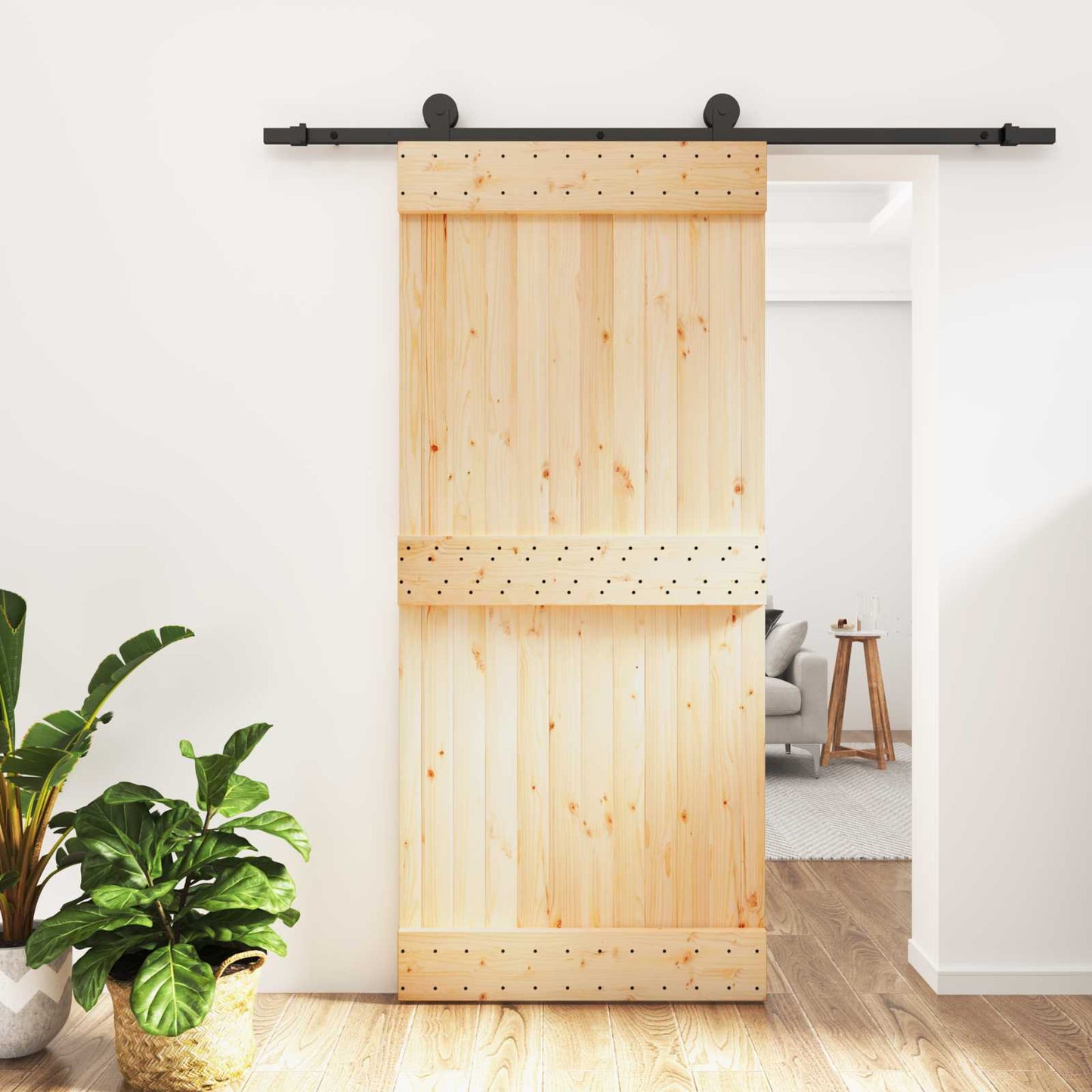 Csúszó ajtó Természetes és Fekete 90 x 210 cm Szilárd Fenyőfa