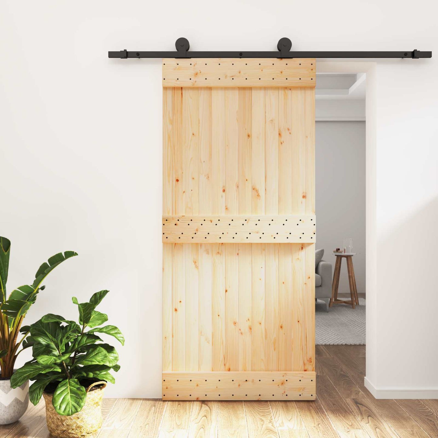Csúszó ajtó Természetes és Fekete 95 x 210 cm Szilárd Fenyőfa