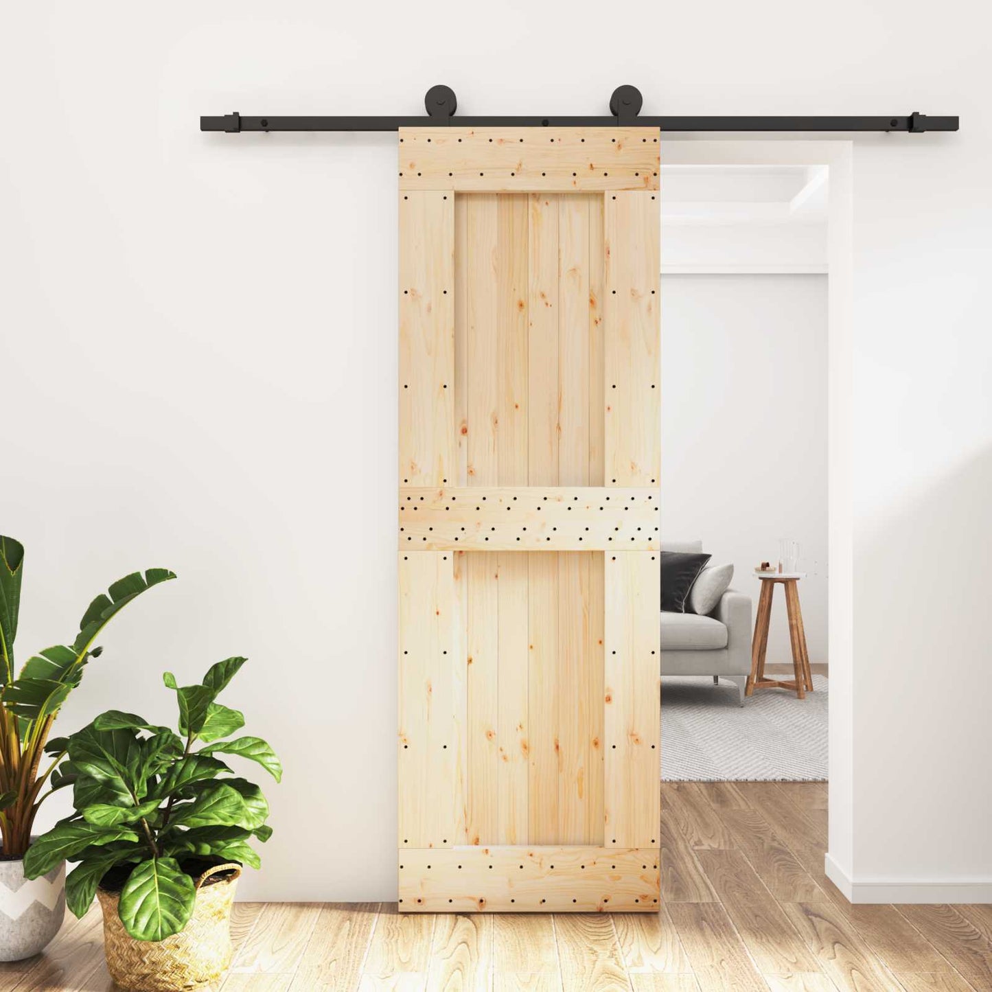 Csúszó ajtó Természetes és Fekete 70 x 210 cm Szilárd Fenyőfa