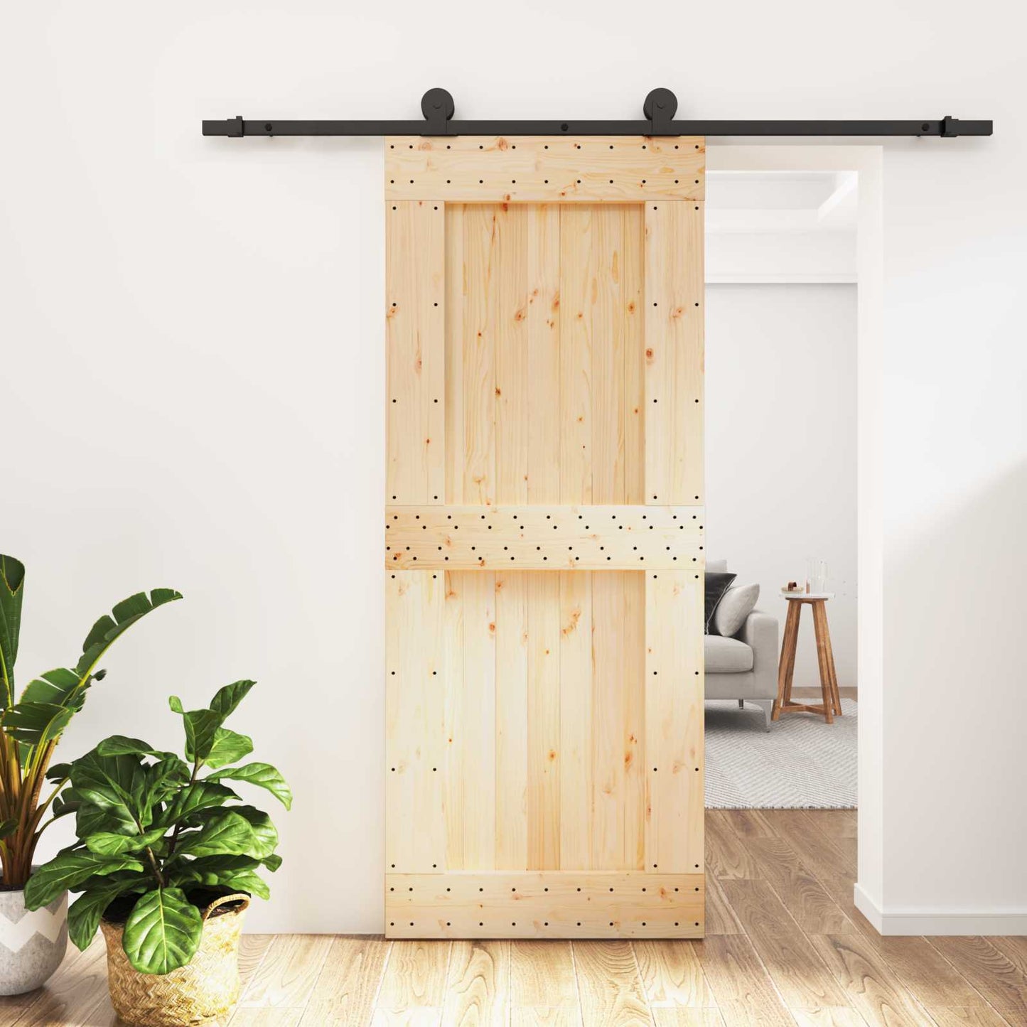 Csúszó ajtó Természetes és Fekete 85 x 210 cm Szilárd Fenyőfa