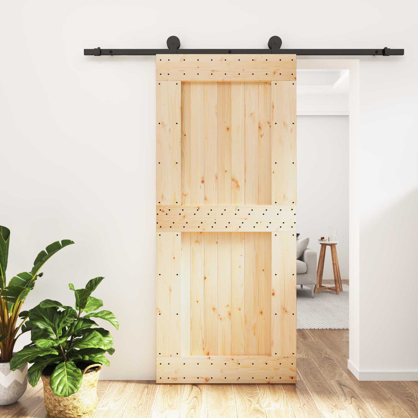Csúszó ajtó Természetes és Fekete 90 x 210 cm Szilárd Fenyőfa
