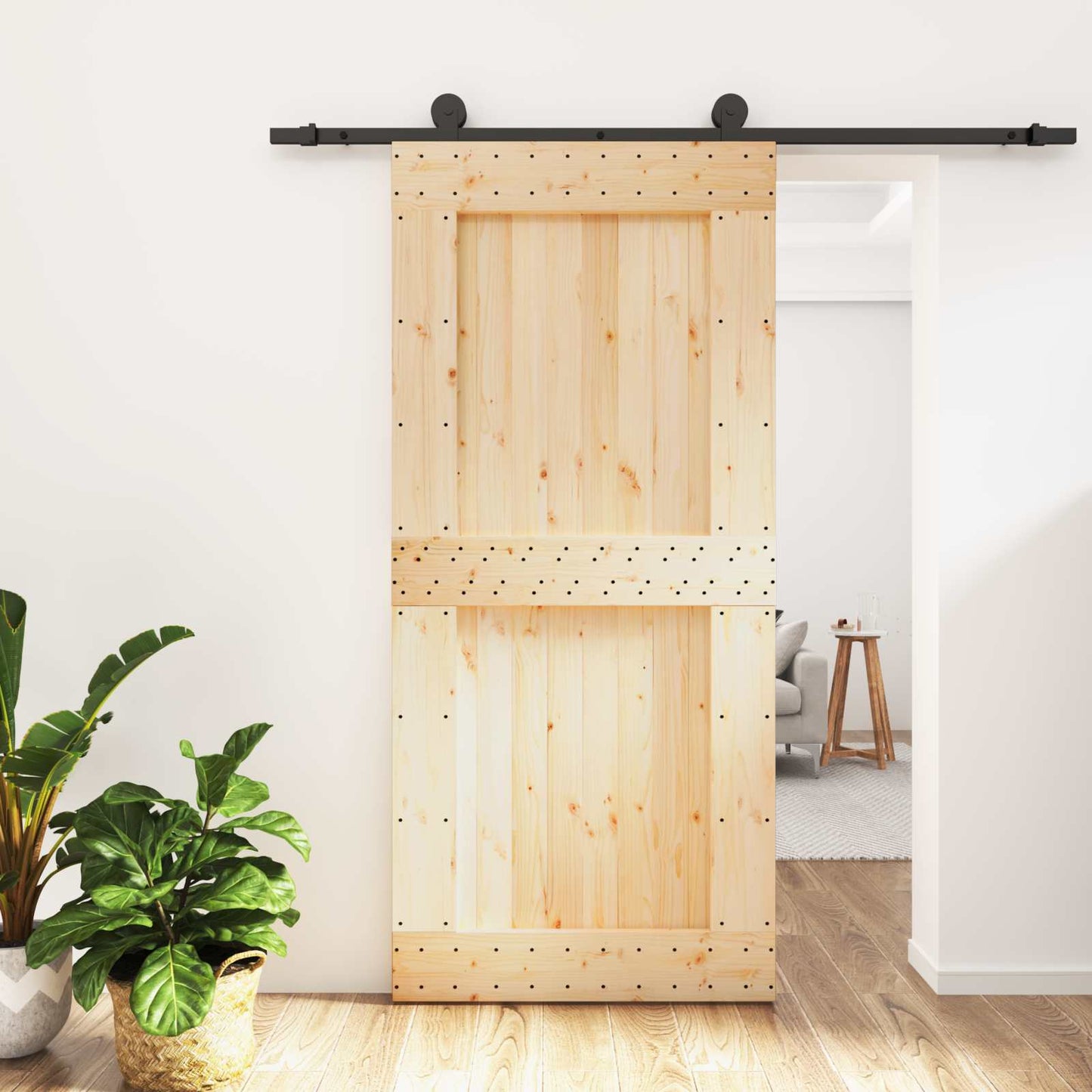 Csúszó ajtó Természetes és Fekete 95 x 210 cm Szilárd Fenyőfa