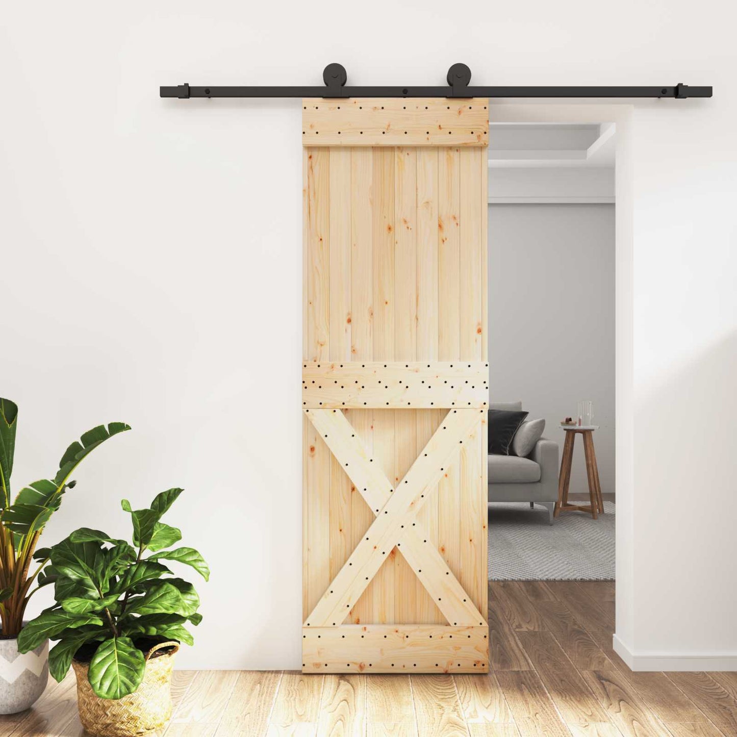 Csúszó ajtó Természetes és Fekete 70 x 210 cm Szilárd Fenyőfa