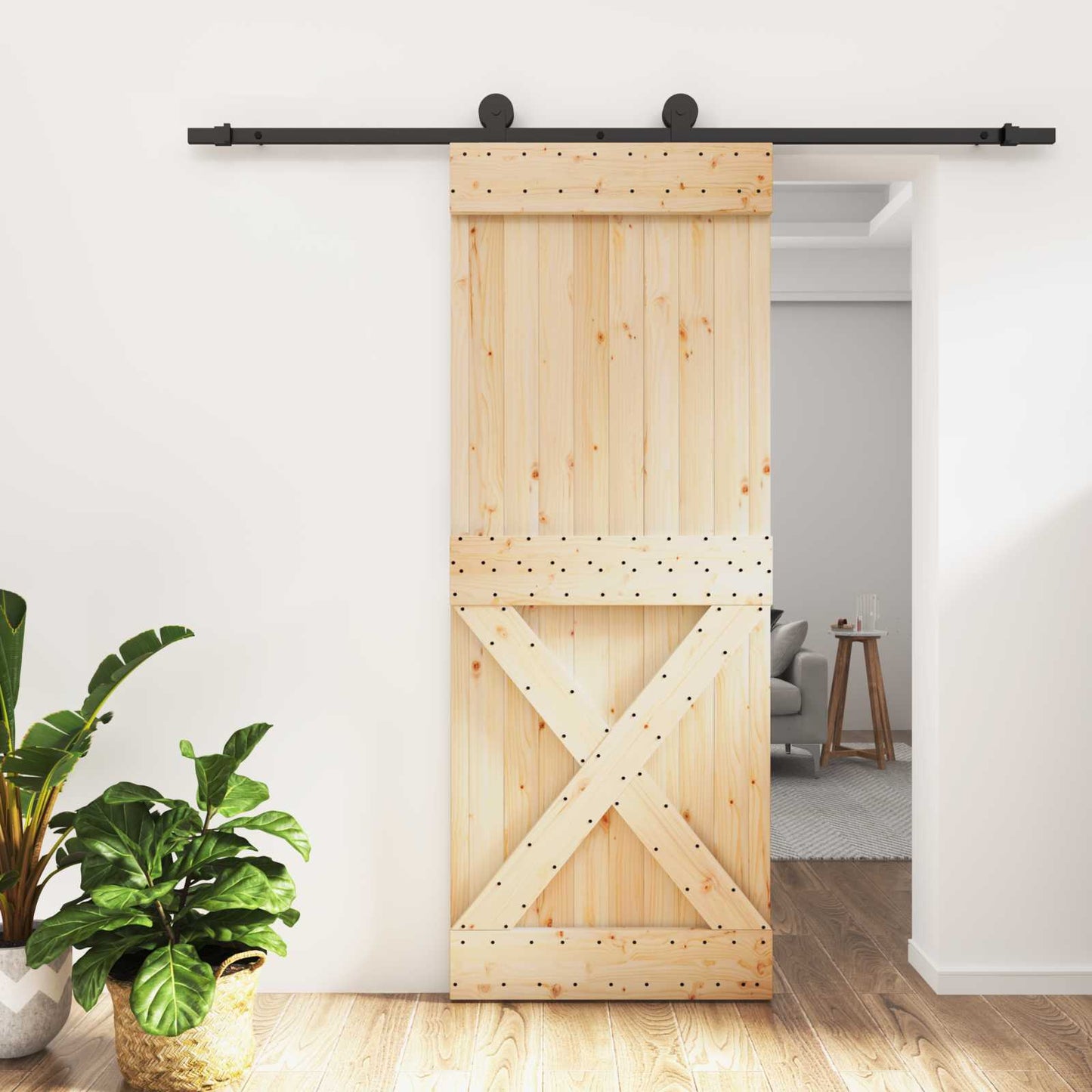 Csúszó ajtó Természetes és Fekete 80 x 210 cm Szilárd Fenyőfa