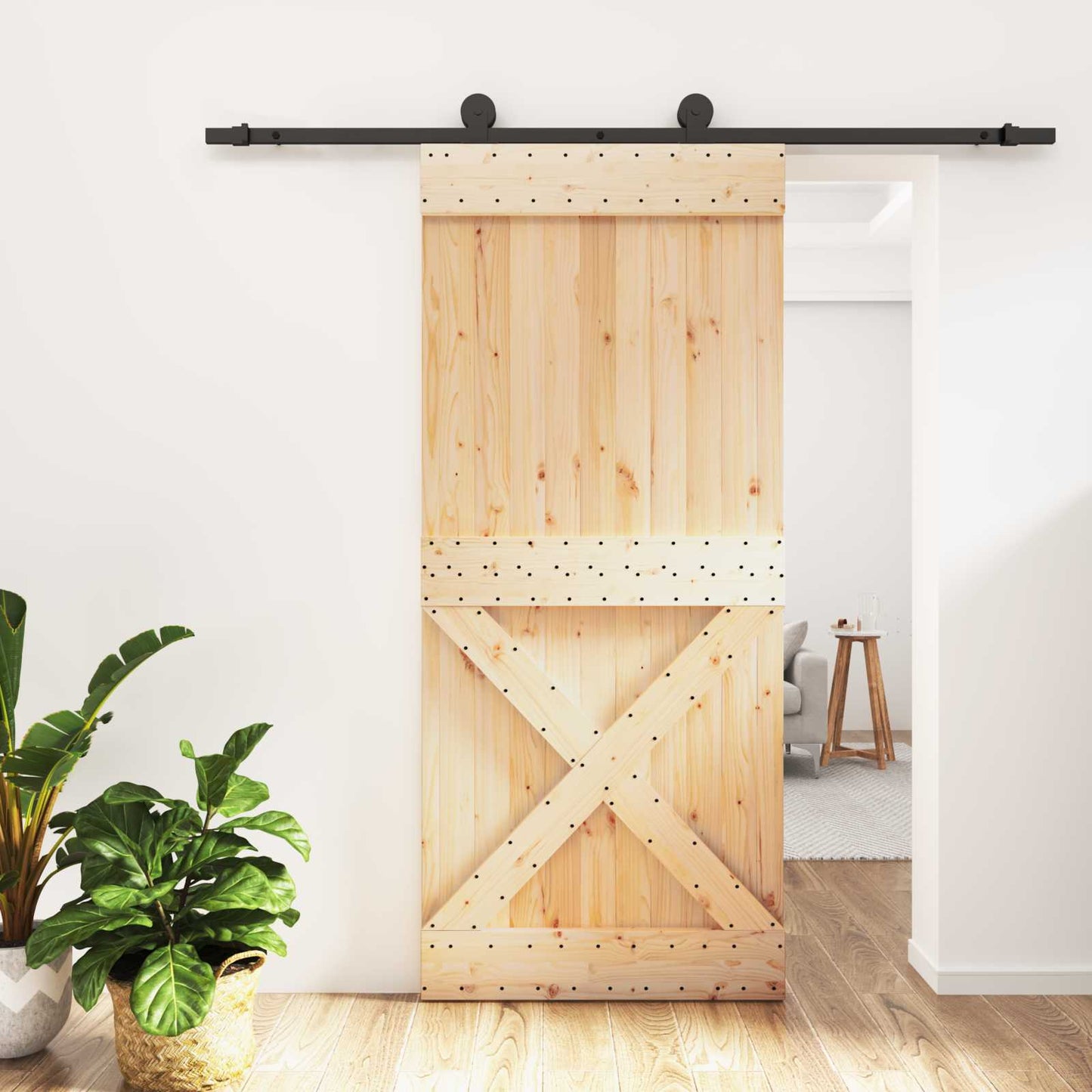 Csúszó ajtó Természetes és Fekete 90 x 210 cm Szilárd Fenyőfa