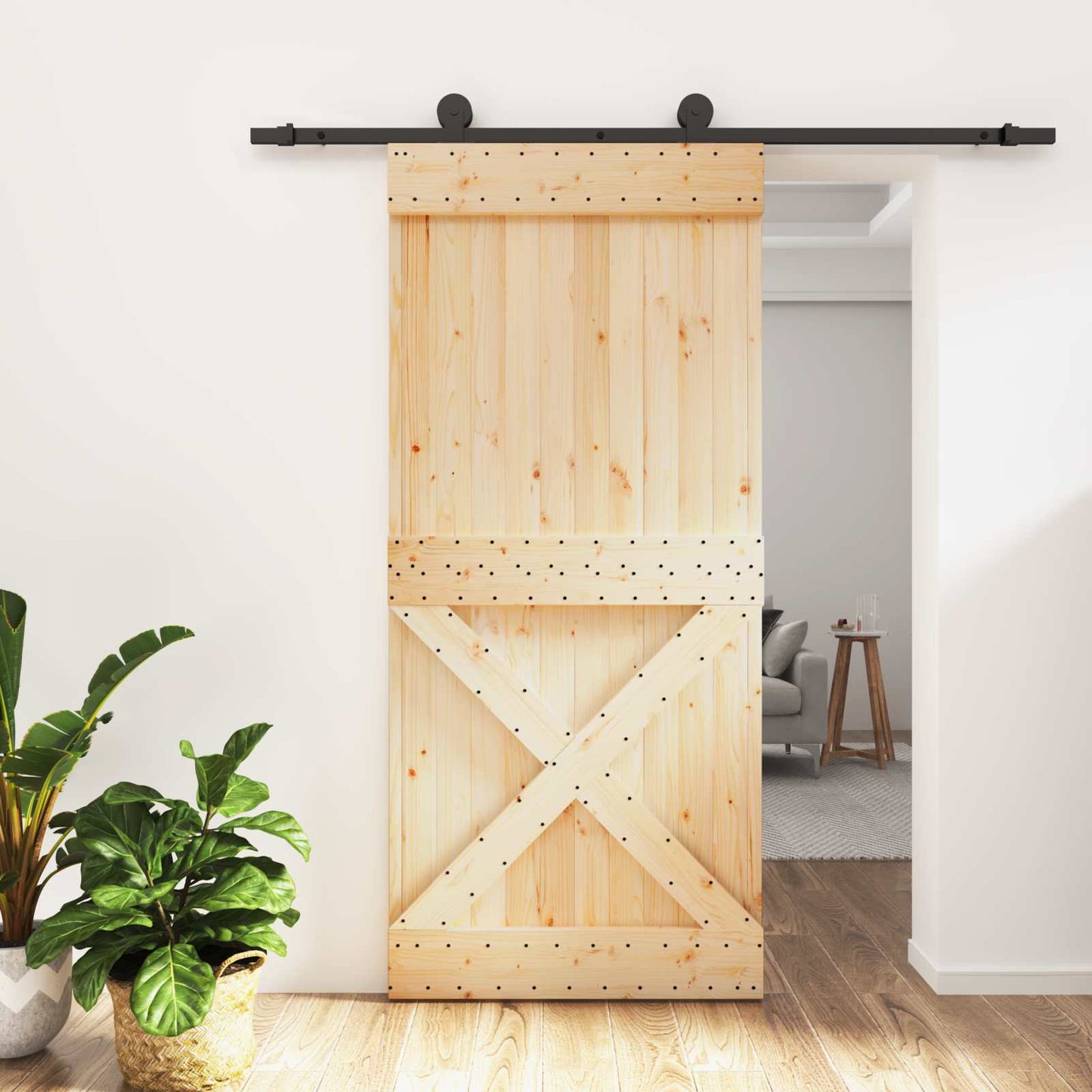 Csúszó ajtó Természetes és Fekete 95 x 210 cm Szilárd Fenyőfa