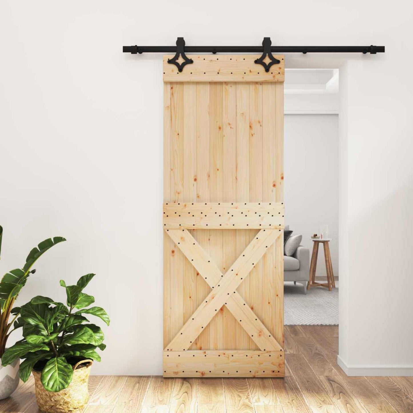 Csúszó ajtó Természetes és Fekete 80 x 210 cm Szilárd Fenyőfa