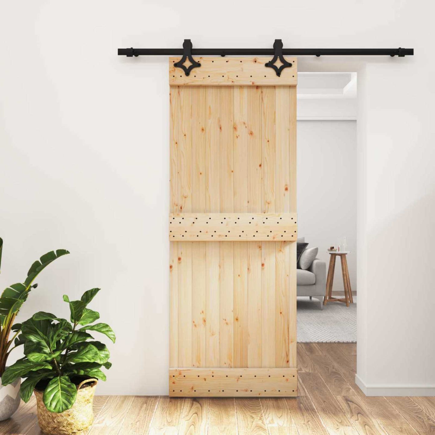 Csúszó ajtó Természetes és Fekete 80 x 210 cm Szilárd Fenyőfa