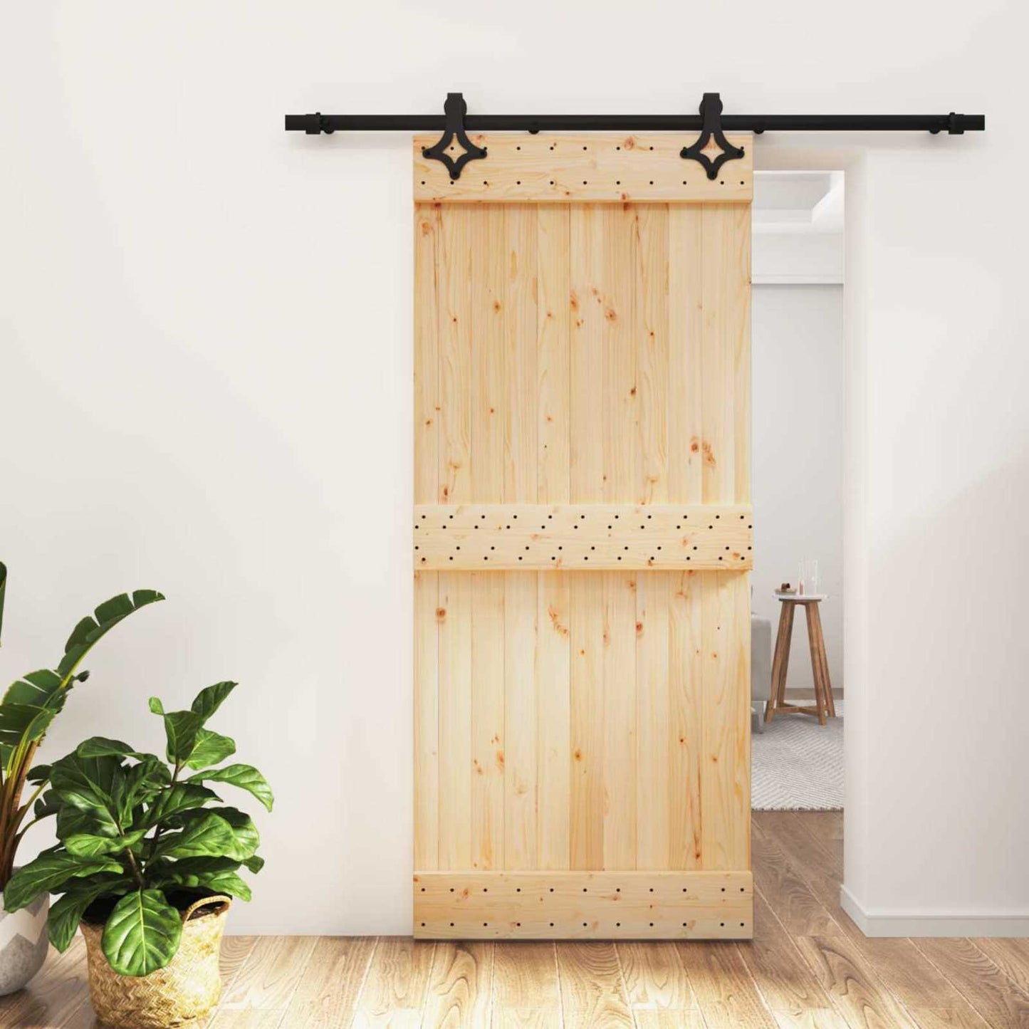 Csúszó ajtó Természetes és Fekete 90 x 210 cm Szilárd Fenyőfa