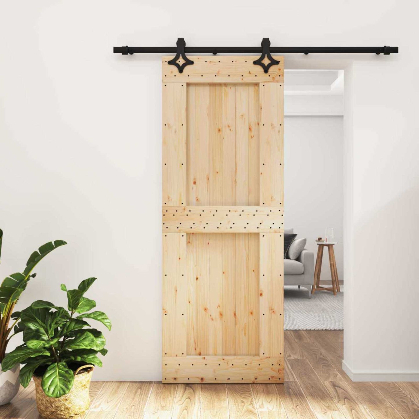 Csúszó ajtó Természetes és Fekete 80 x 210 cm Szilárd Fenyőfa