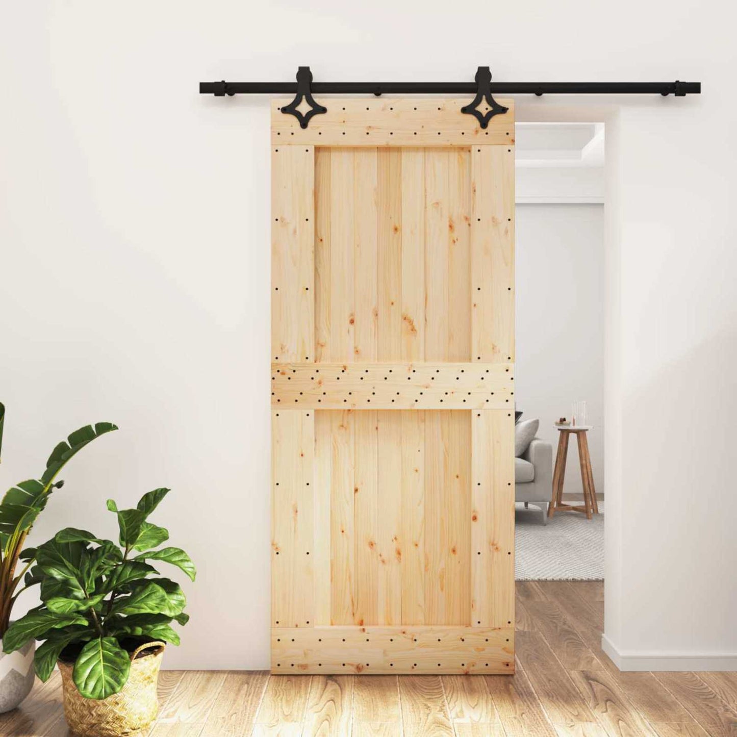 Csúszó ajtó Természetes és Fekete 90 x 210 cm Szilárd Fenyőfa