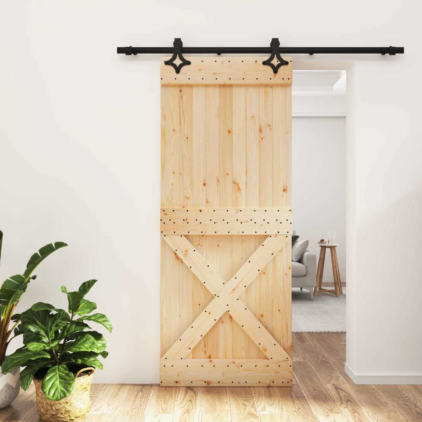 Csúszó ajtó Természetes és Fekete 85 x 210 cm Szilárd Fenyőfa
