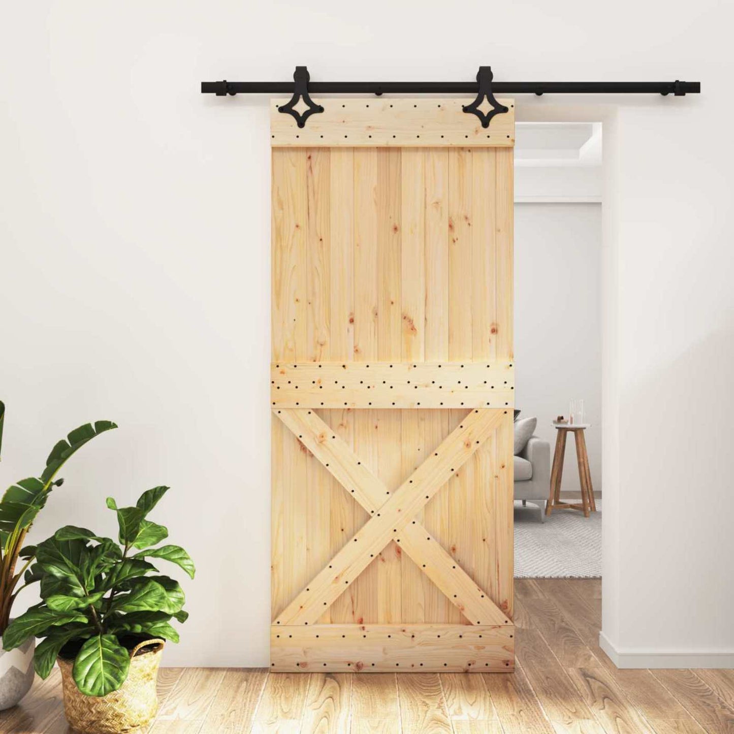 Csúszó ajtó Természetes és Fekete 90 x 210 cm Szilárd Fenyőfa