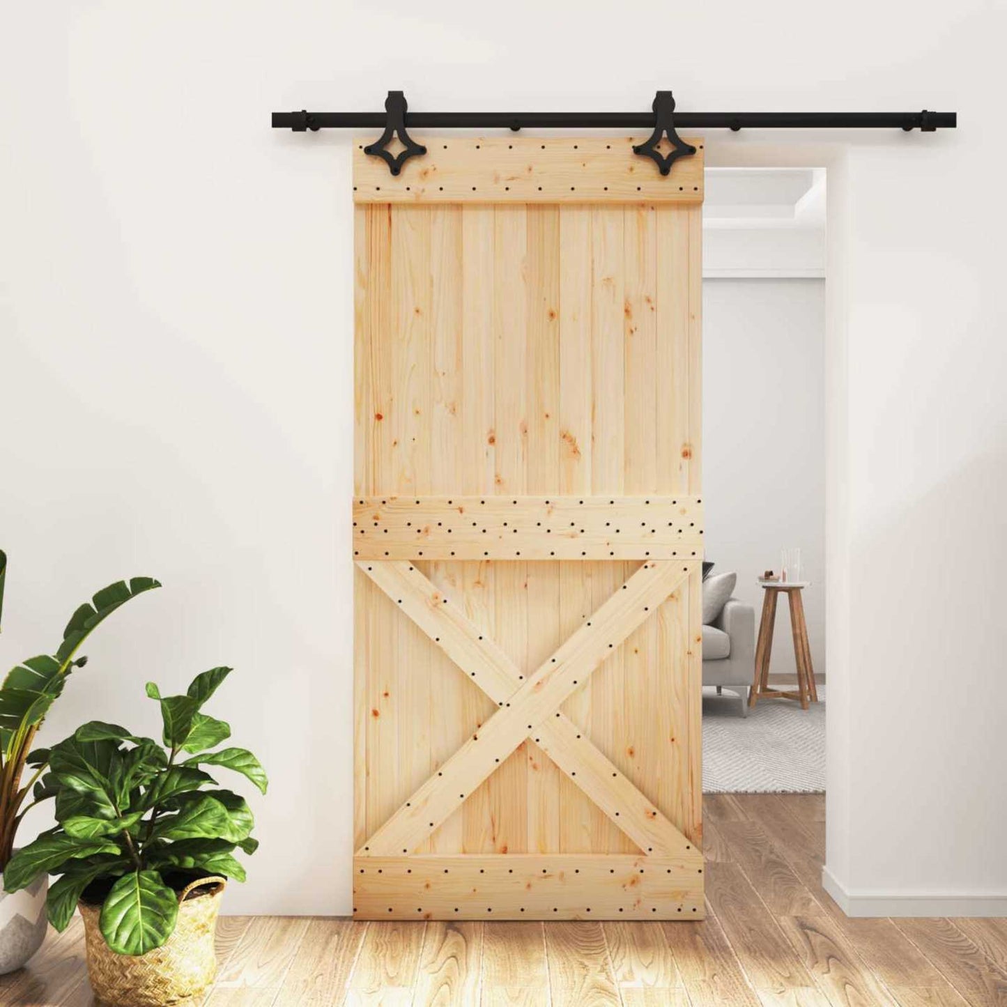 Csúszó ajtó Természetes és Fekete 95 x 210 cm Szilárd Fenyőfa