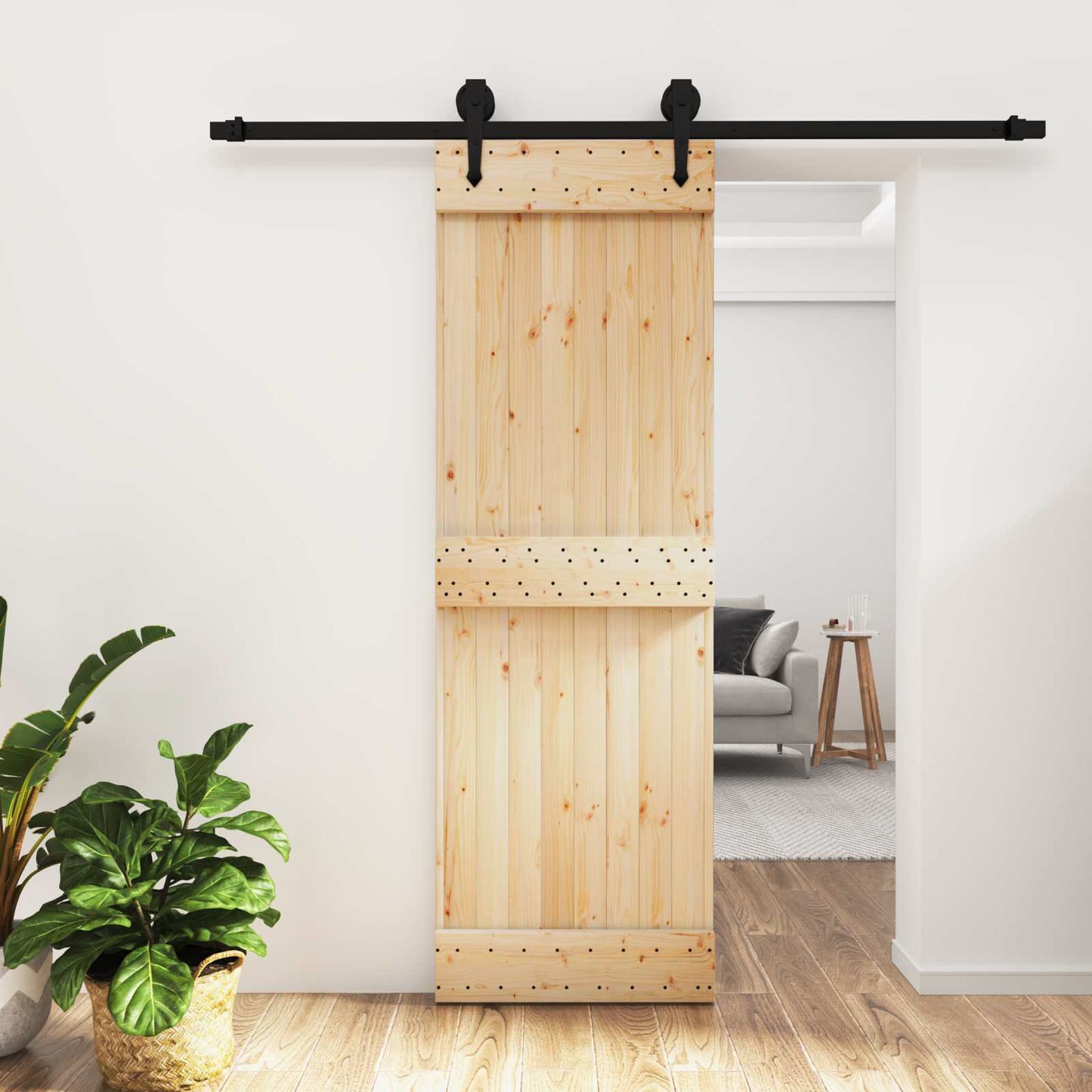 Csúszó ajtó Természetes és Fekete 70 x 210 cm Szilárd Fenyőfa