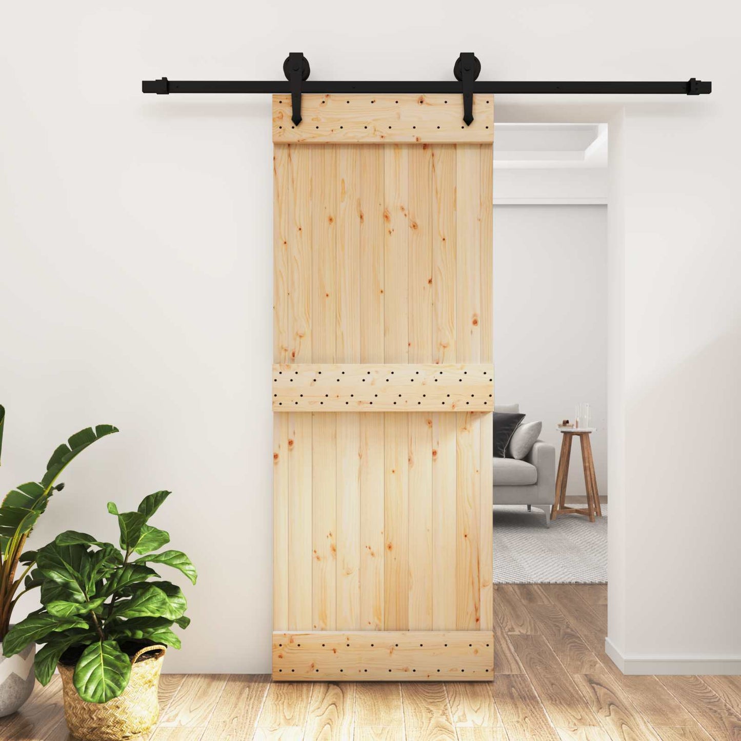 Csúszó ajtó Természetes és Fekete 80 x 210 cm Szilárd Fenyőfa