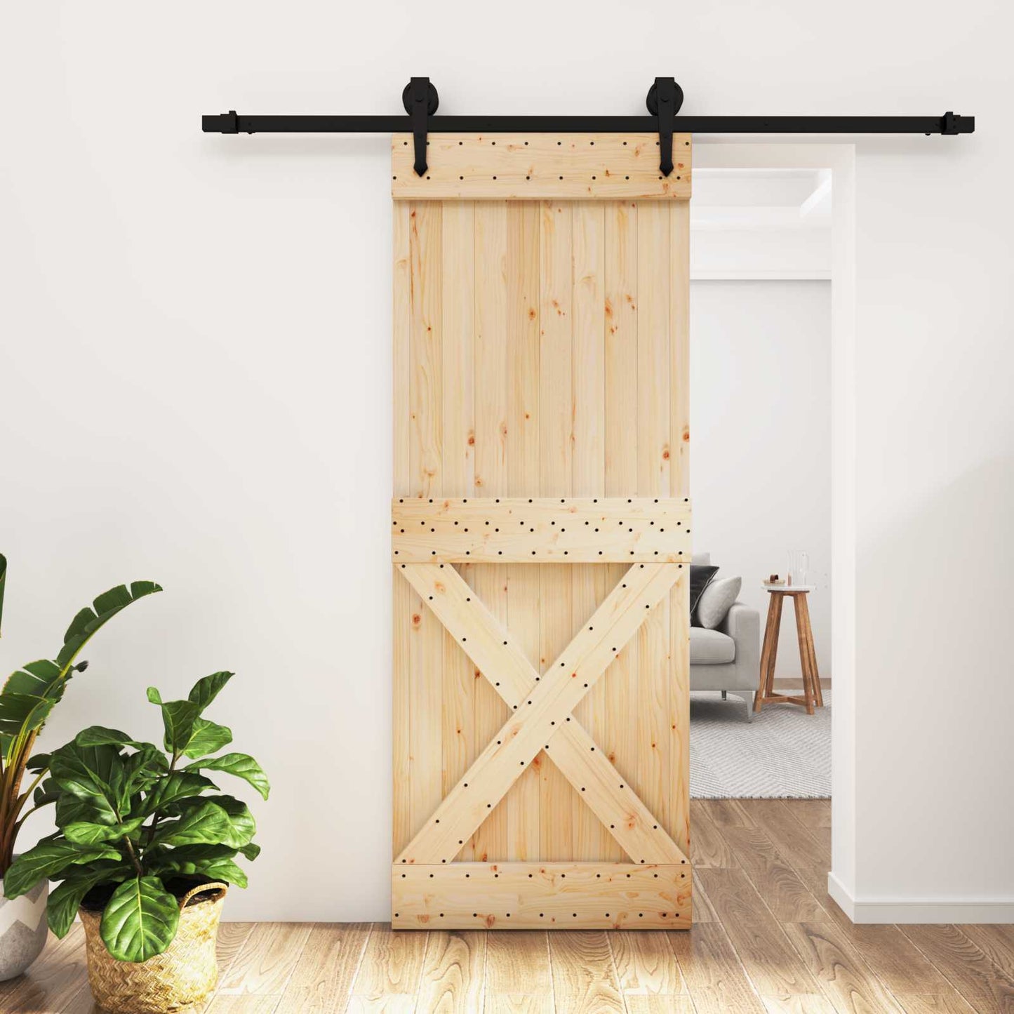 Csúszó ajtó Természetes és Fekete 80 x 210 cm Szilárd Fenyőfa