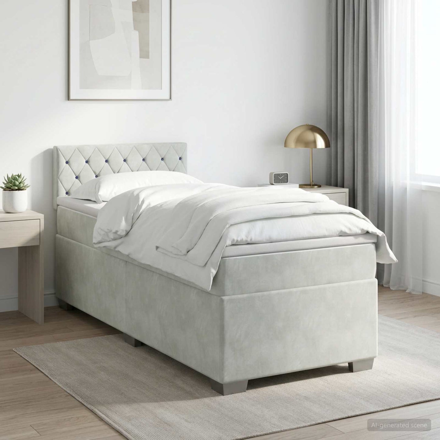 Boxspring ágy matraccal Világosszürke 90 x 200 cm Bársony