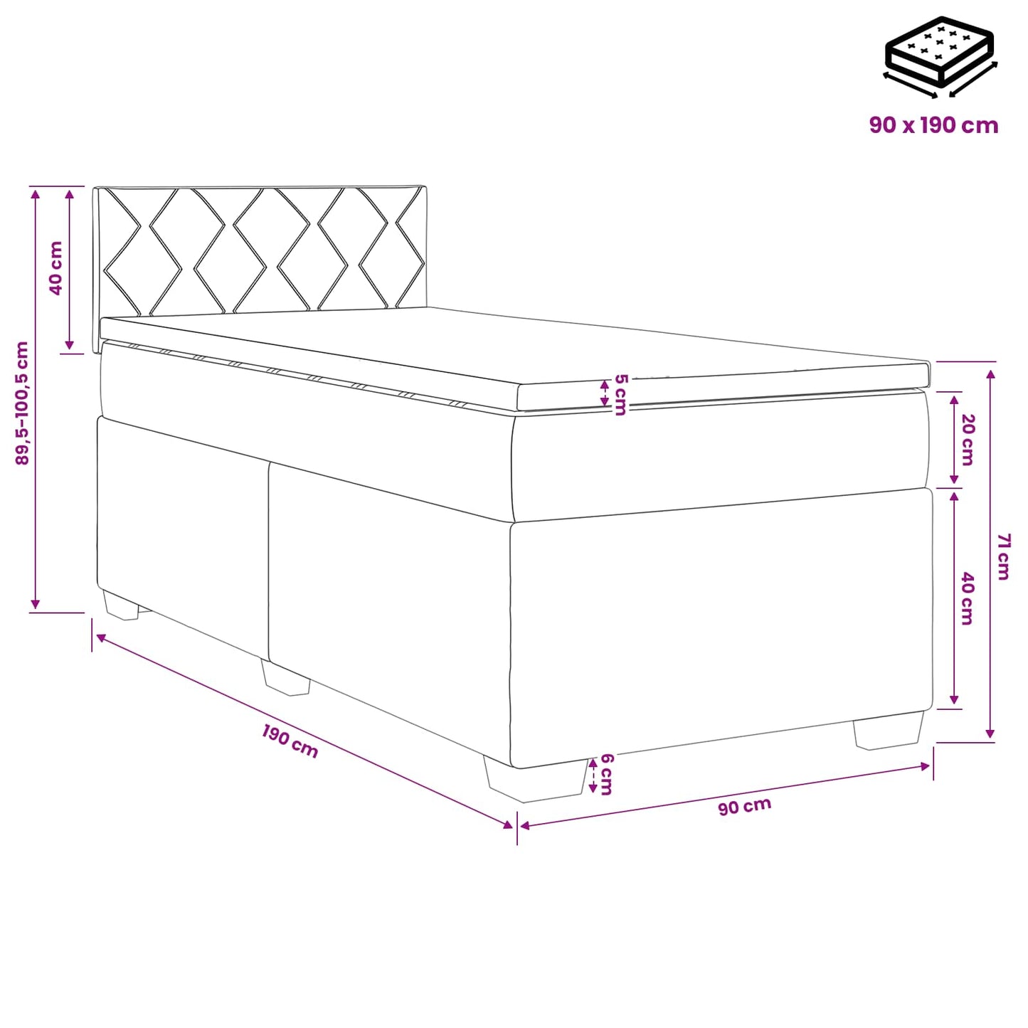 Boxspring ágy matraccal Sötét kék 90 x 190 cm Bársony