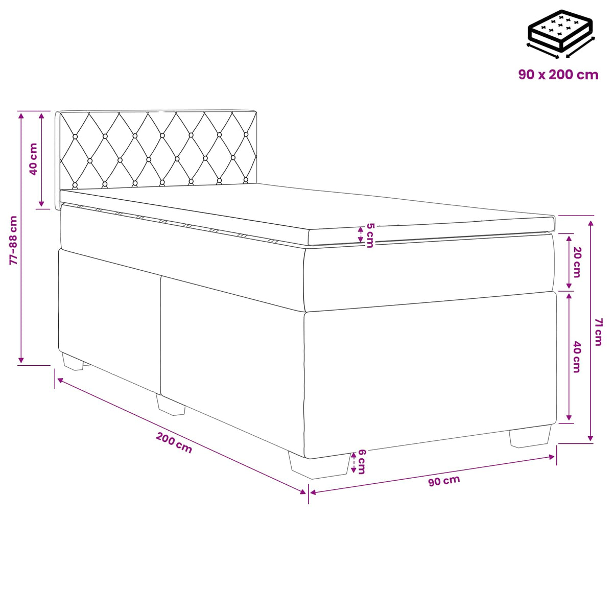 Boxspring ágy matraccal Világosszürke 90 x 200 cm Bársony