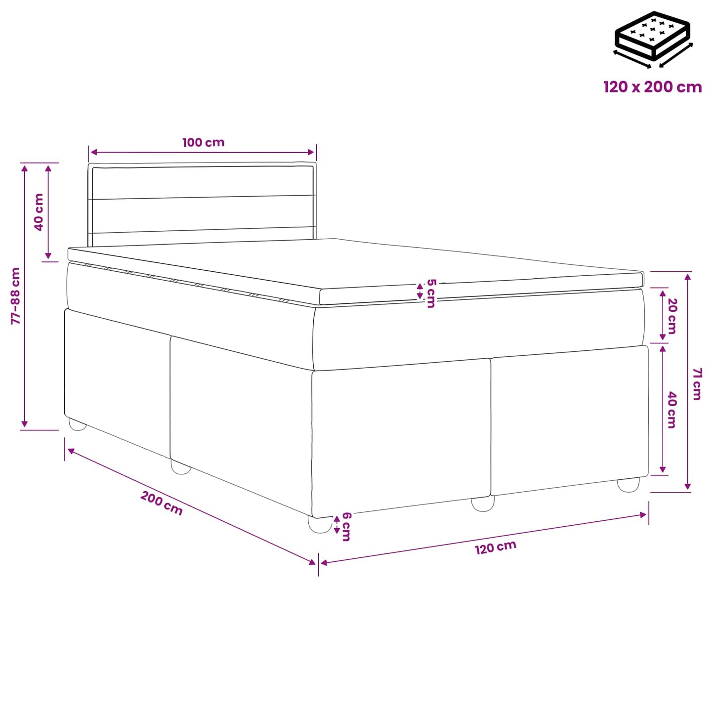 Boxspring ágy matraccal fejtámlával Fekete 120 x 200 cm Szövet