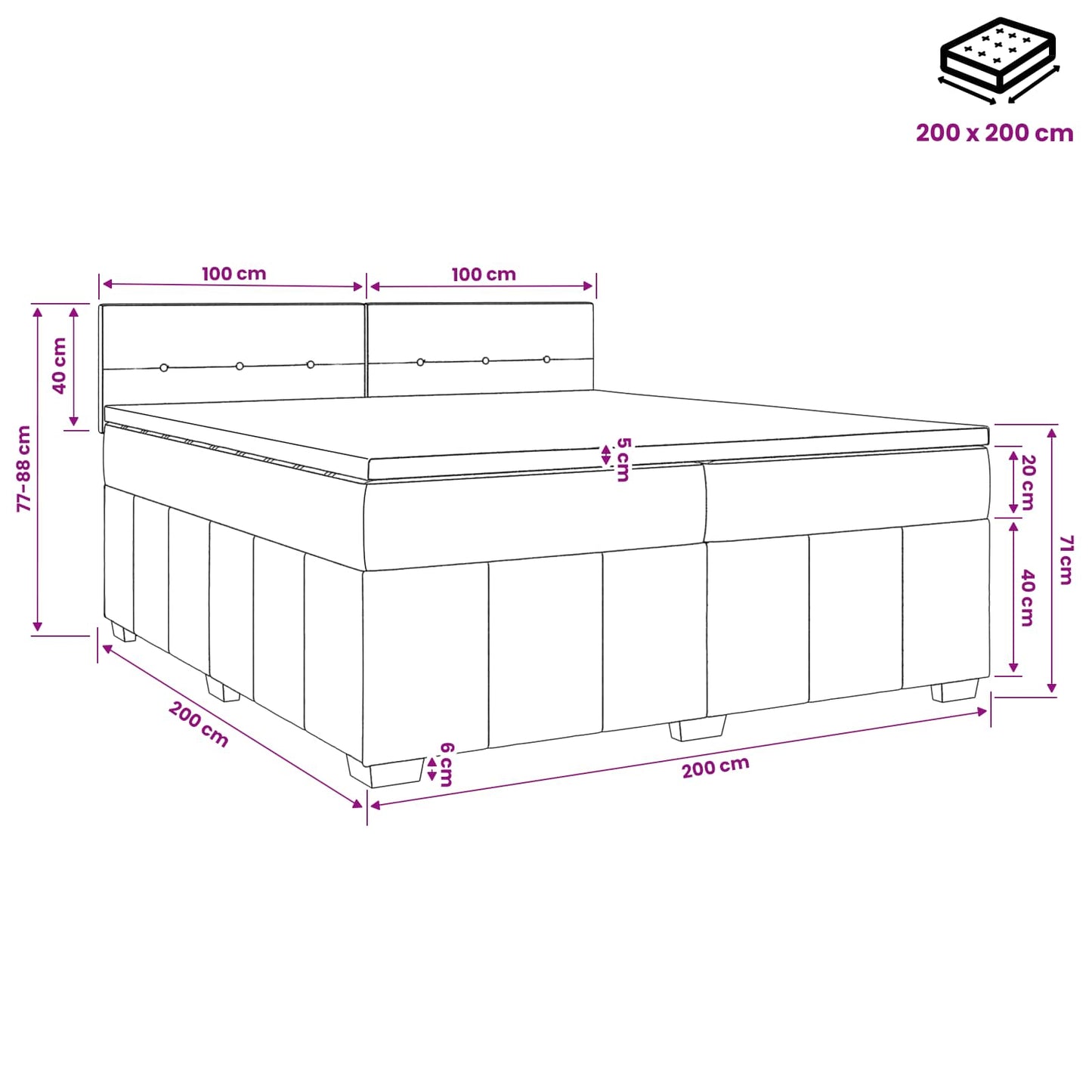 Boxspring ágy matraccal fejtámlával Fekete 200 x 200 cm Szövet