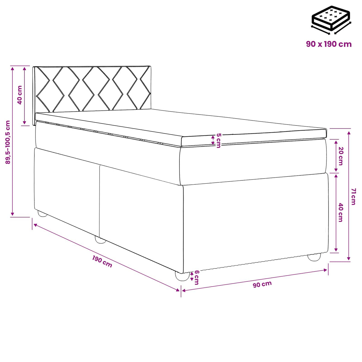 Boxspring ágy matraccal Sötét kék 90 x 190 cm Bársony