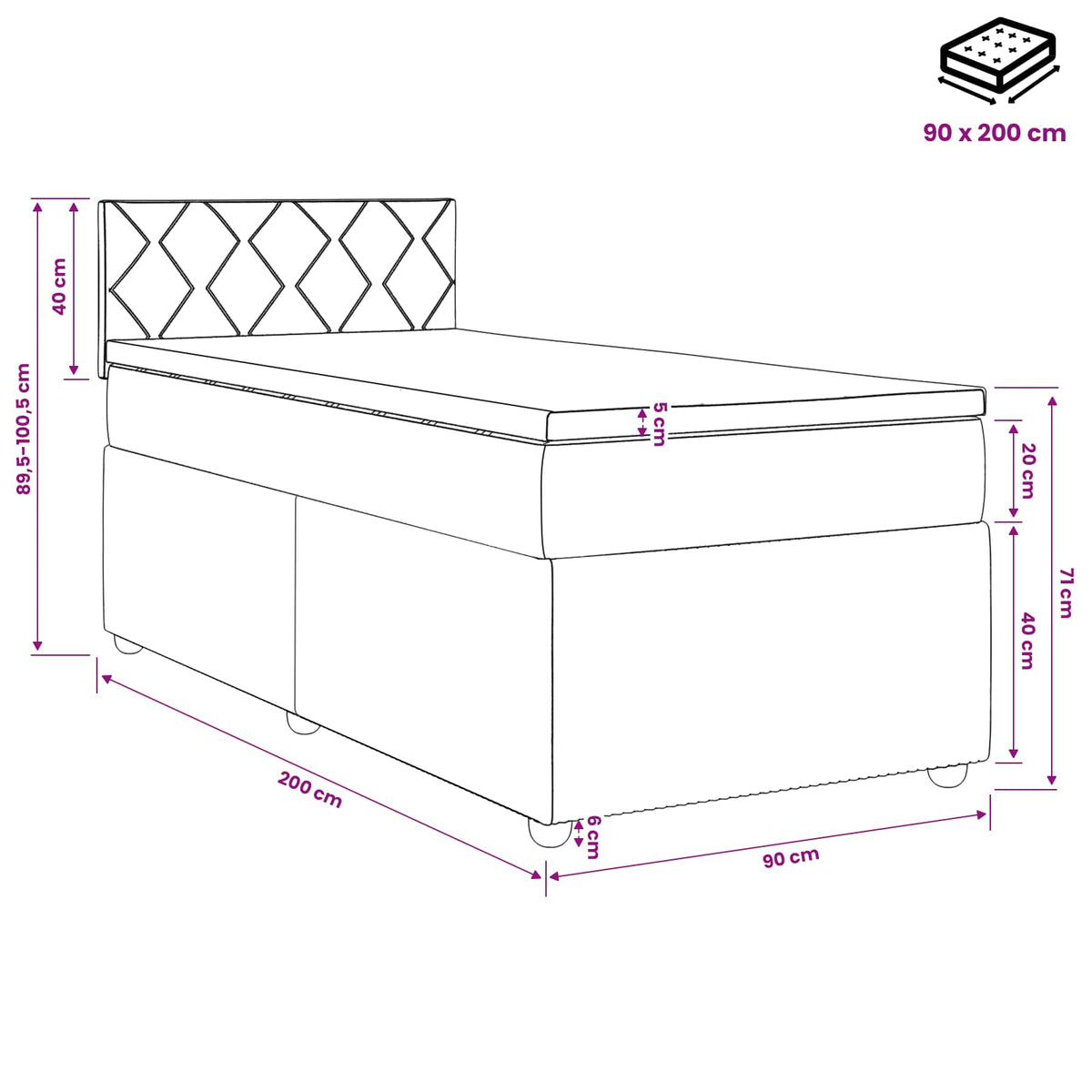 Boxspring ágy matraccal Sötét kék 90 x 200 cm Bársony
