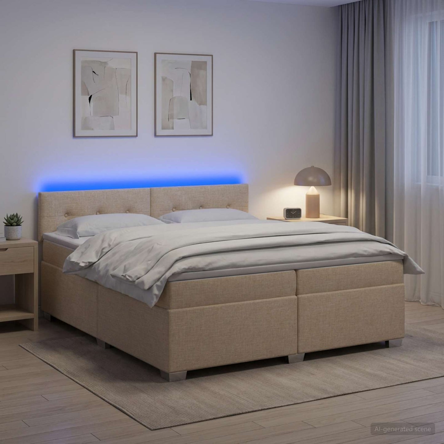 Boxspring ágy matraccal és LED-del Krémszínű 200 x 200 cm