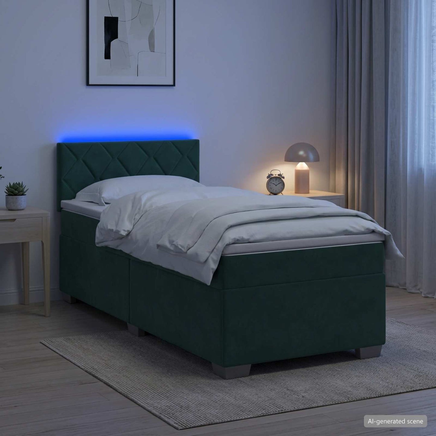 Boxspring ágy matraccal és LED-del Sötétzöld 90 x 190 cm