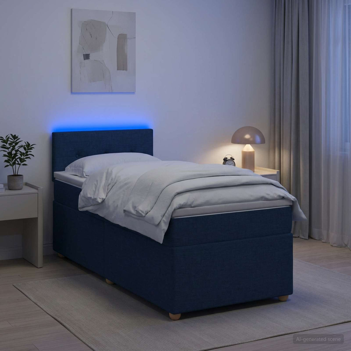 Boxspring ágy matraccal LED szalagokkal Kék 90 x 190 cm Szövet