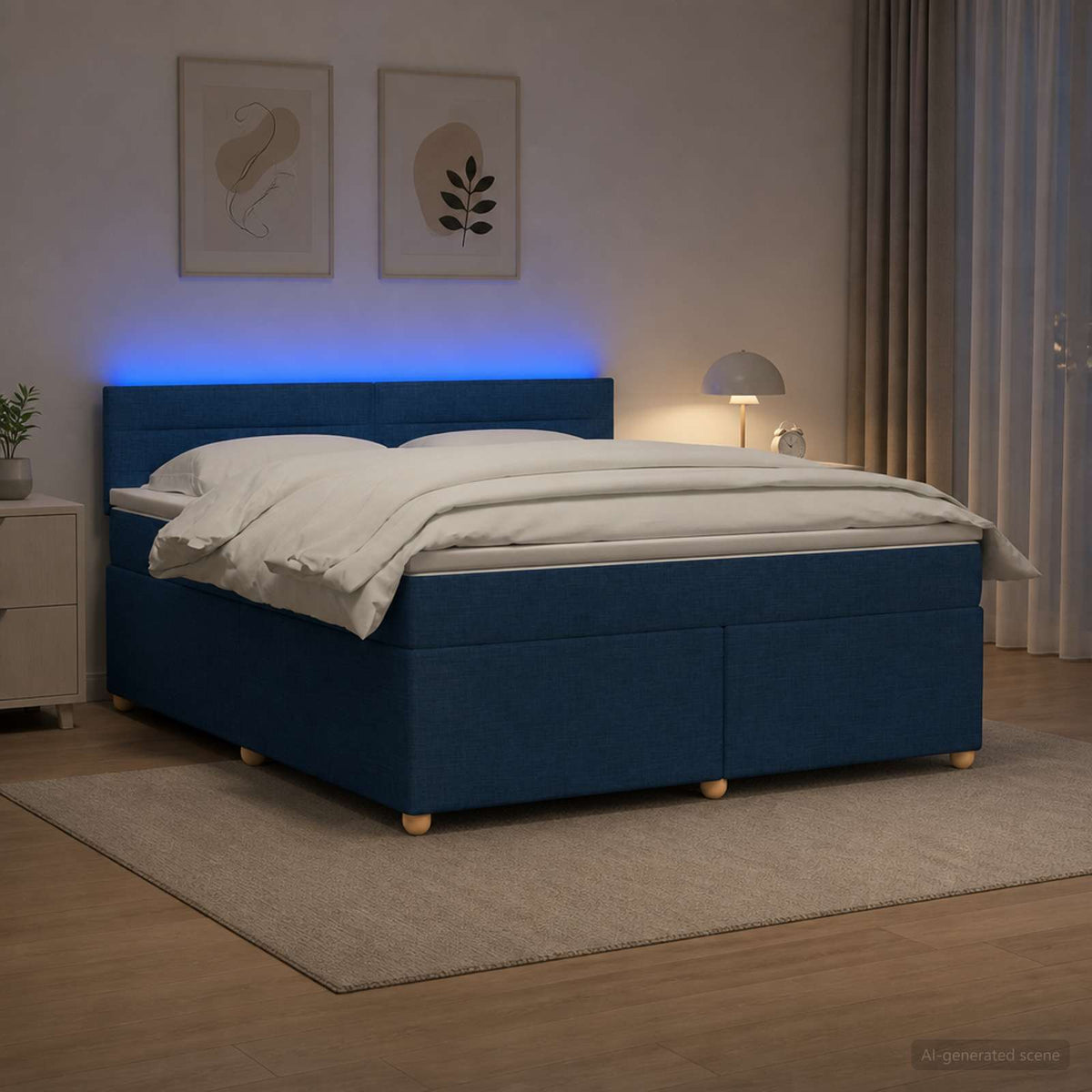 Boxspring ágy matraccal LED szalagokkal Kék 160 x 200 cm Szövet
