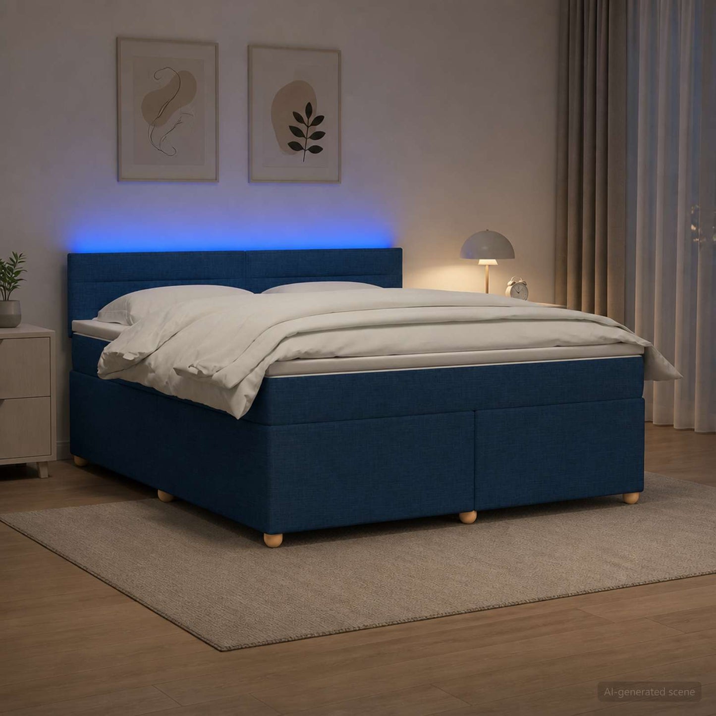 Boxspring ágy matraccal LED szalagokkal Kék 180 x 200 cm Szövet